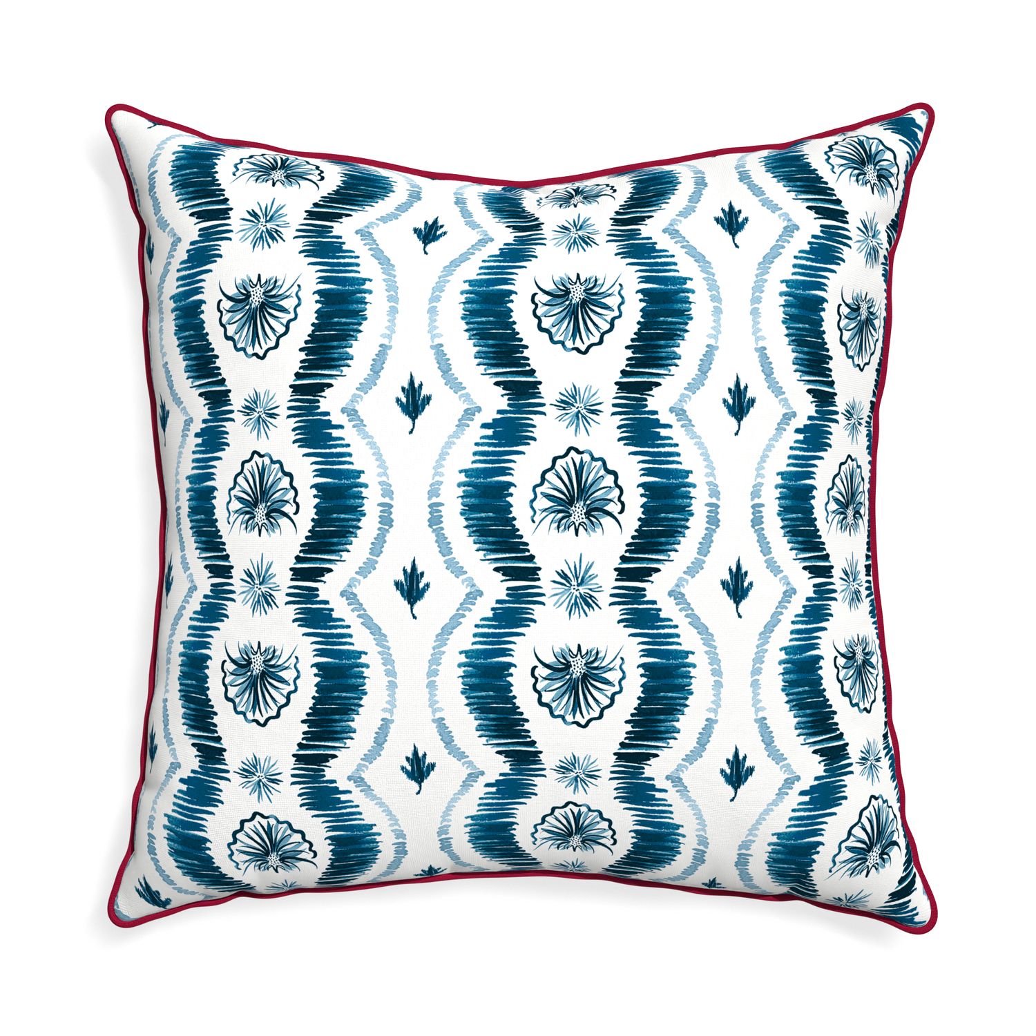 Euro-sham alice custom blue ikatpillow with raspberry piping on white background