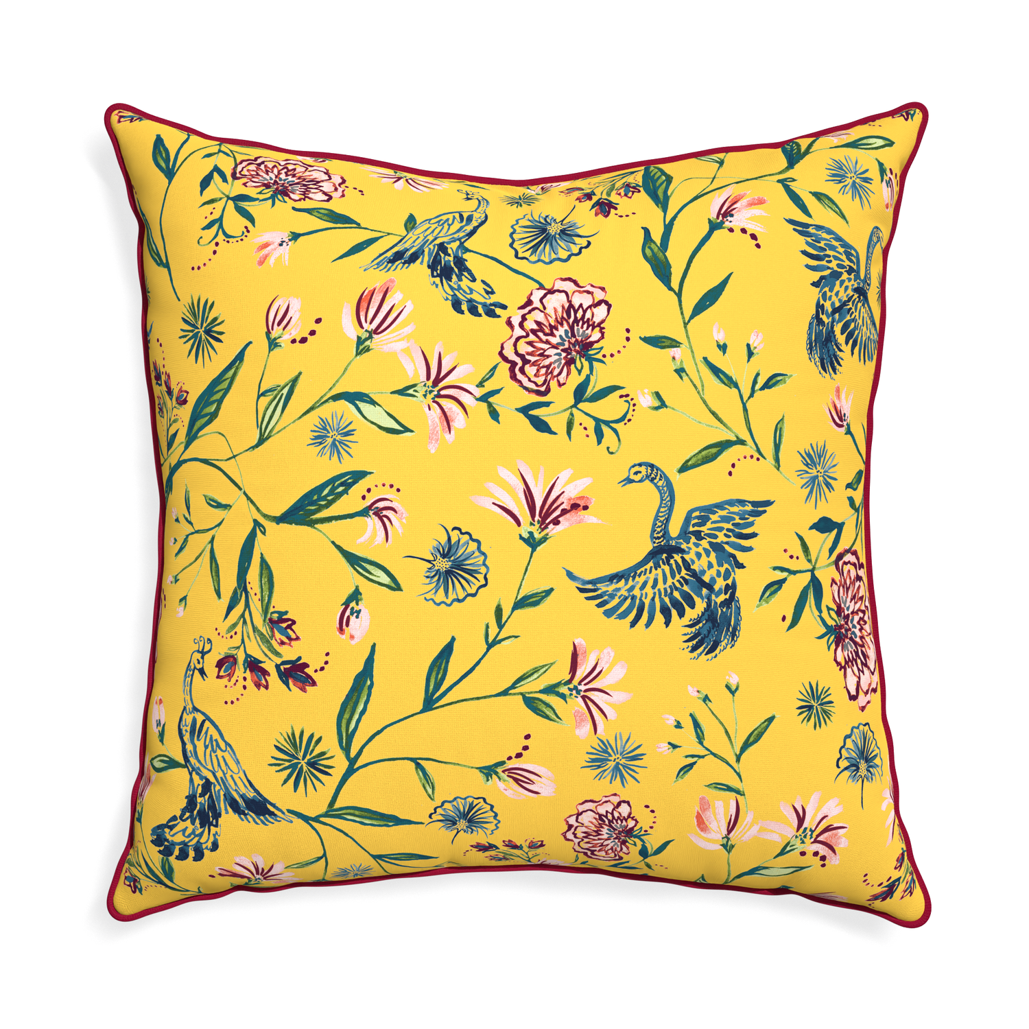 Euro-sham daphne canary custom pillow with raspberry piping on white background