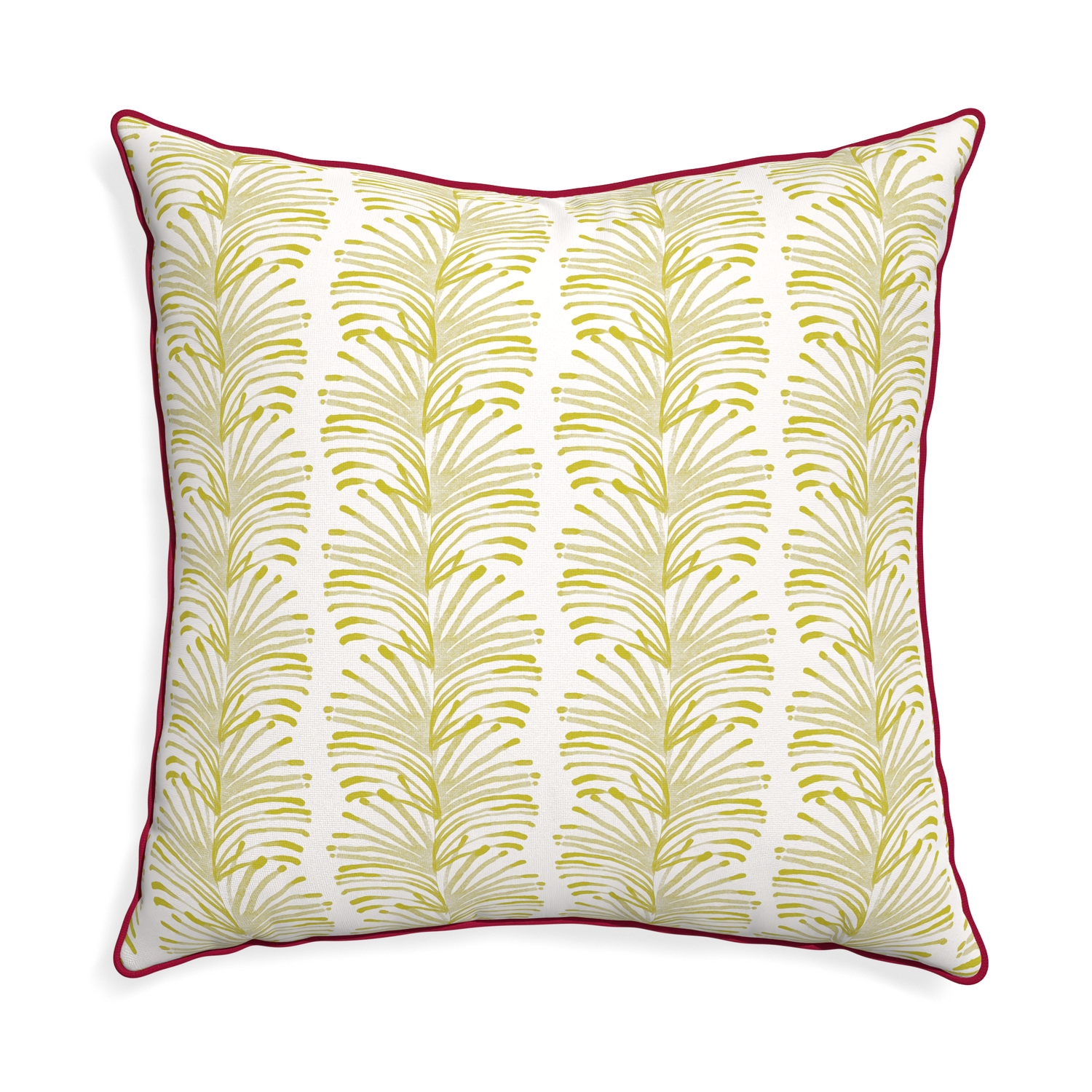 Euro-sham emma chartreuse custom pillow with raspberry piping on white background