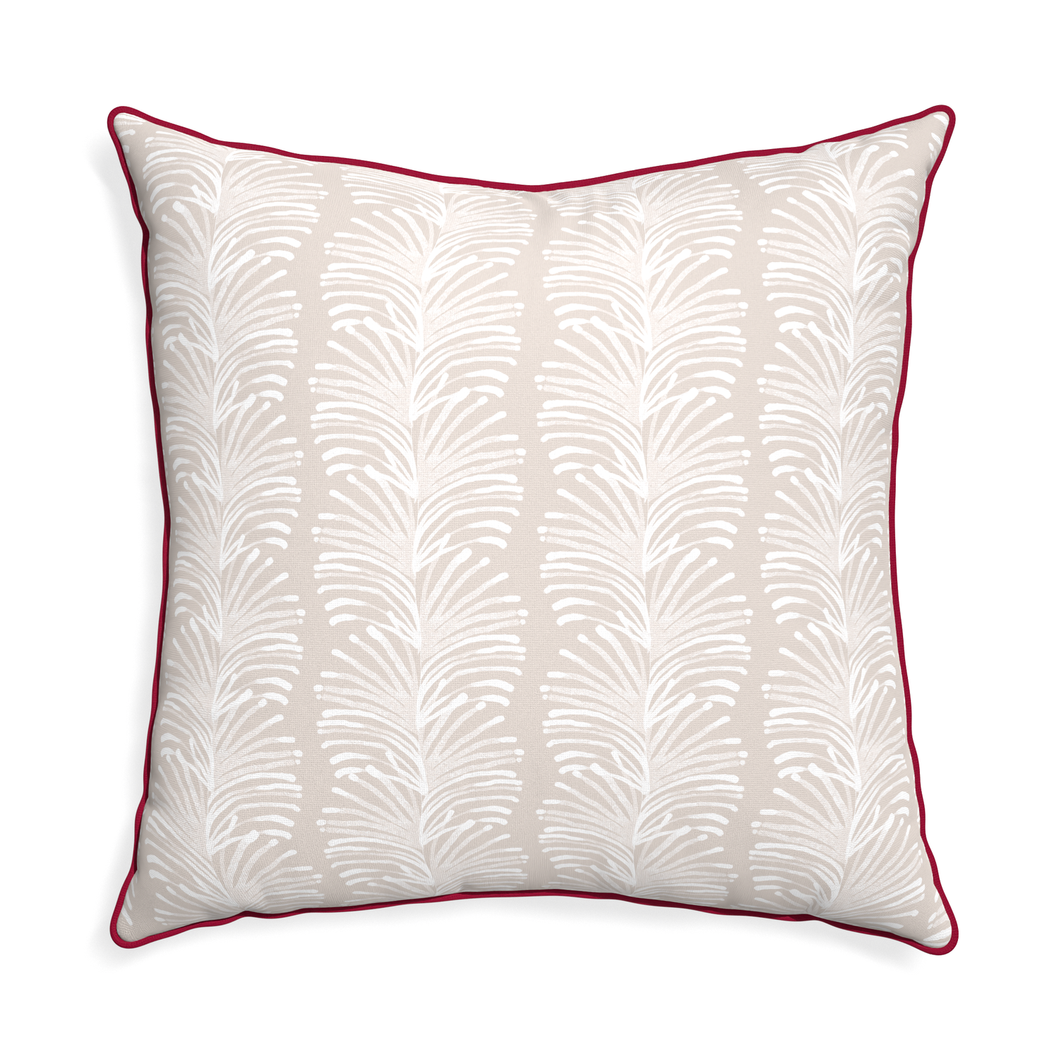 Euro-sham emma sand custom pillow with raspberry piping on white background
