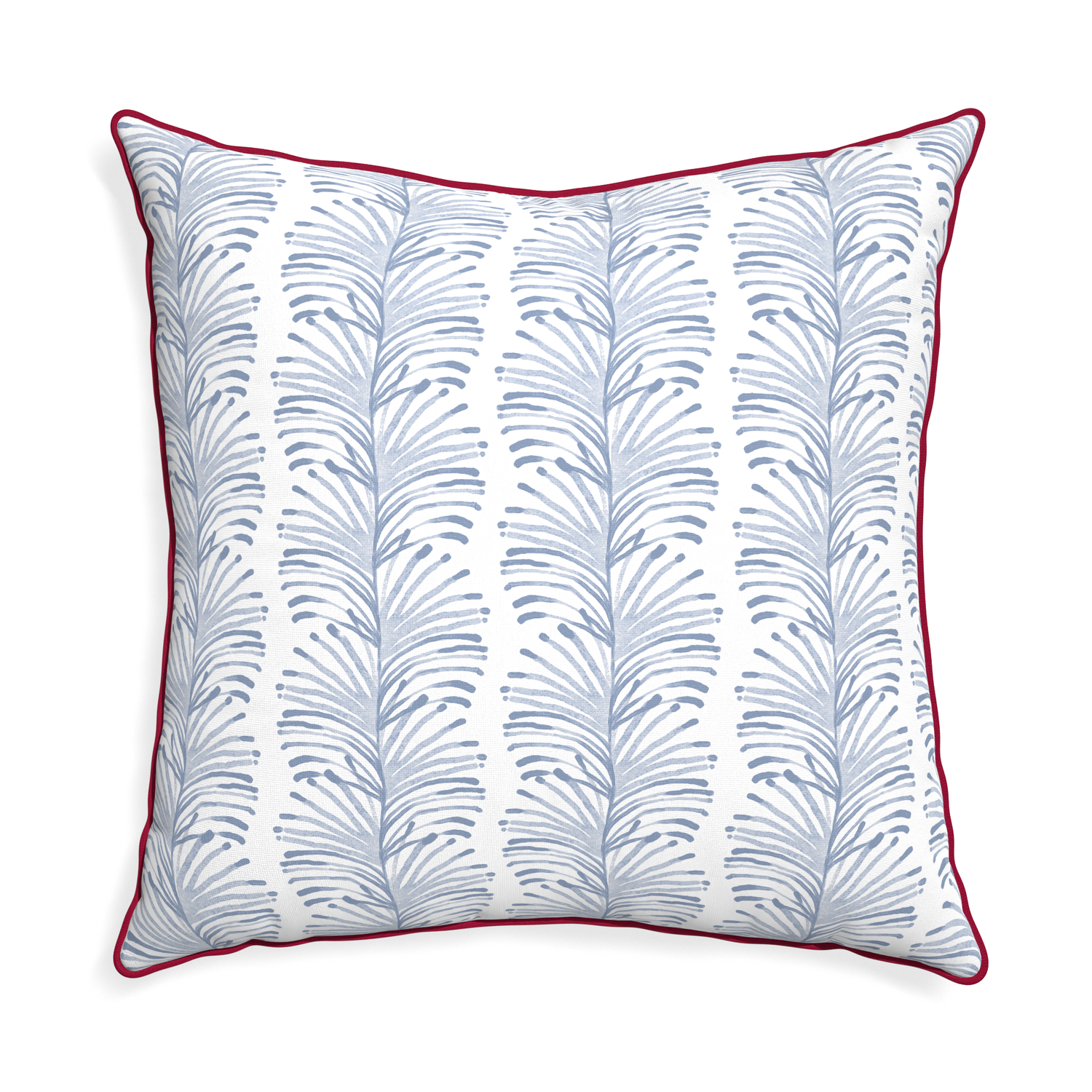 Euro-sham emma sky custom pillow with raspberry piping on white background