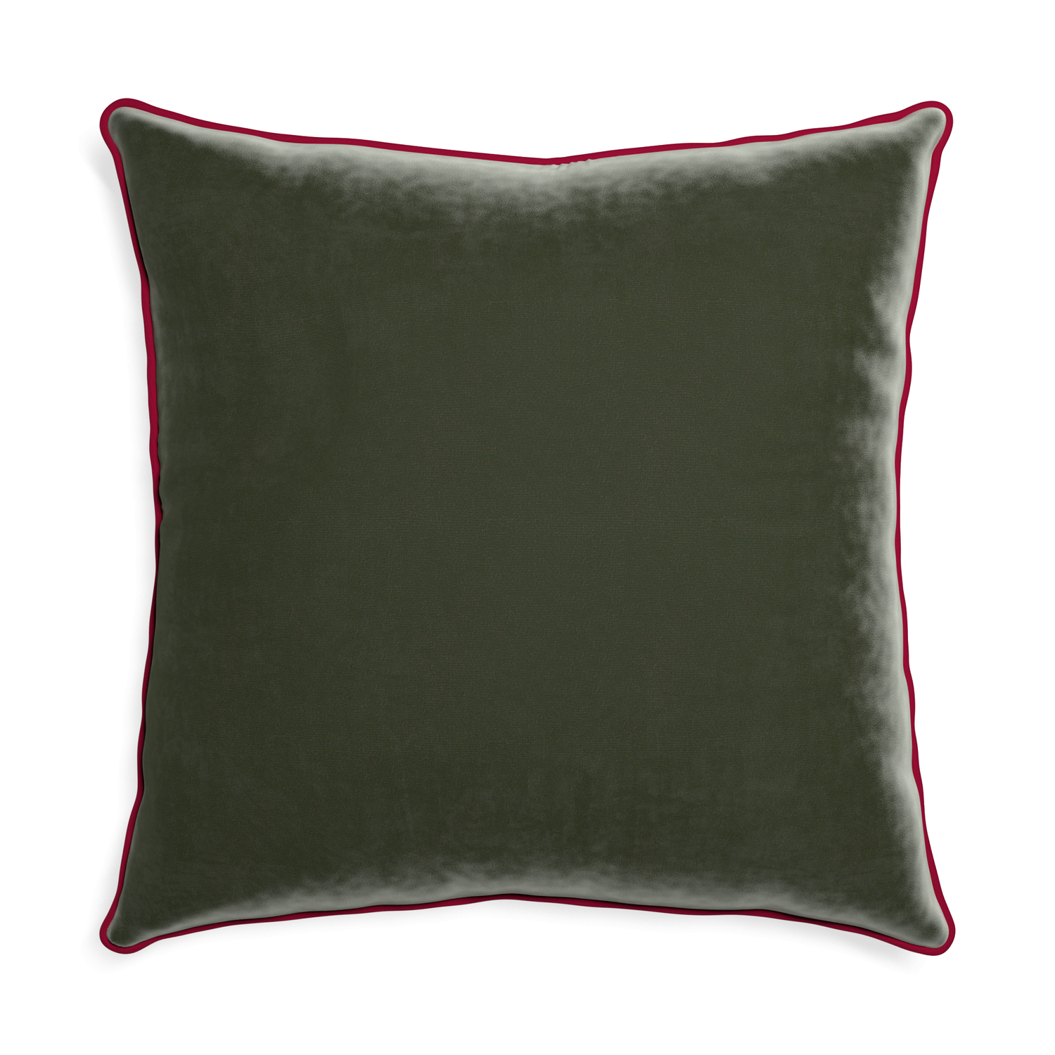 Euro-sham fern velvet custom pillow with raspberry piping on white background