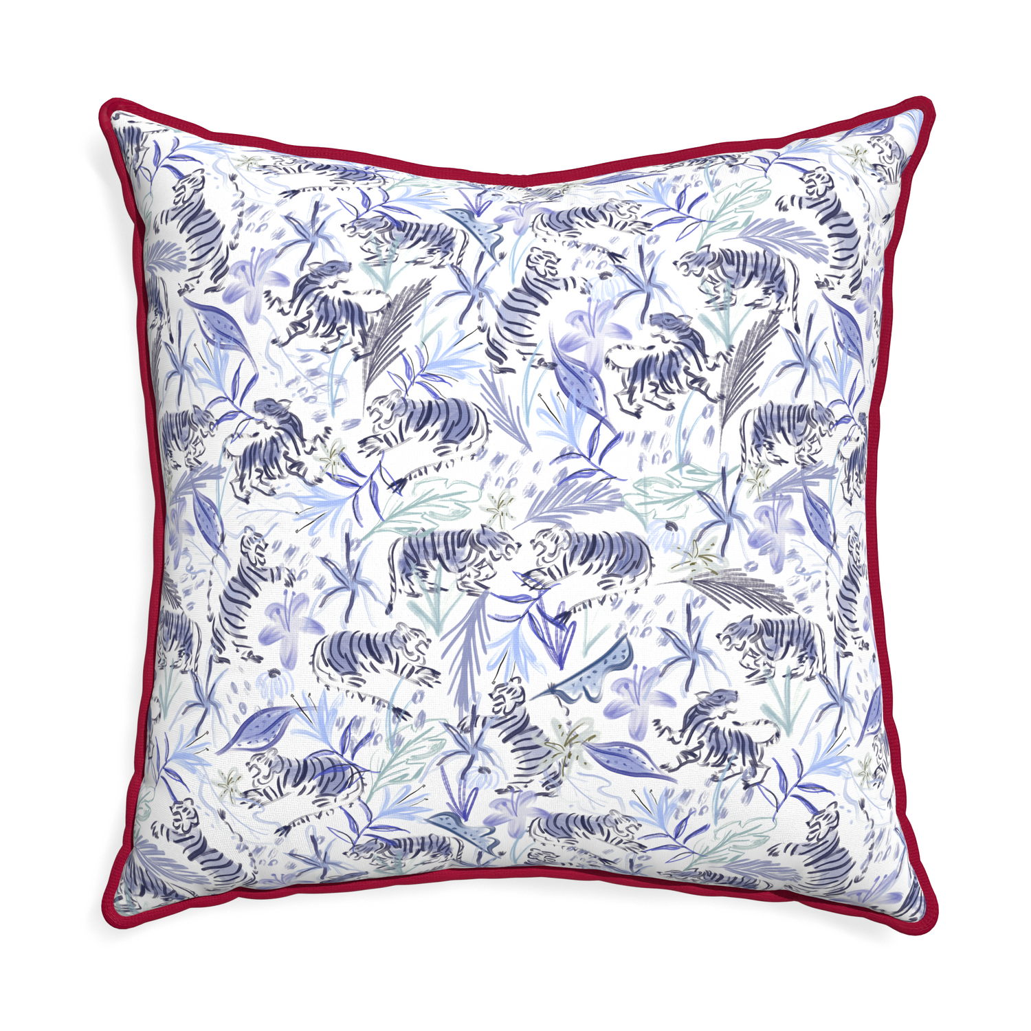 Euro-sham frida blue custom blue with intricate tiger designpillow with raspberry piping on white background