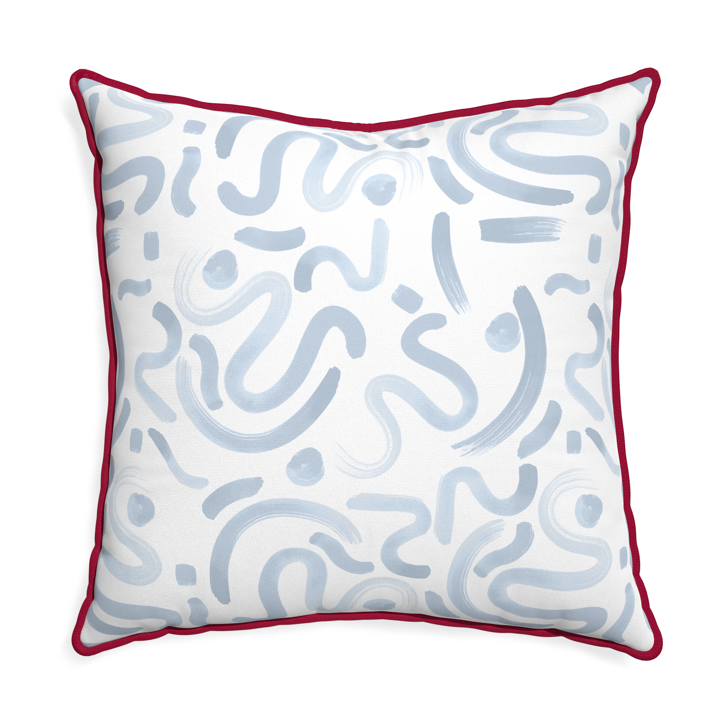 Euro-sham hockney sky custom pillow with raspberry piping on white background