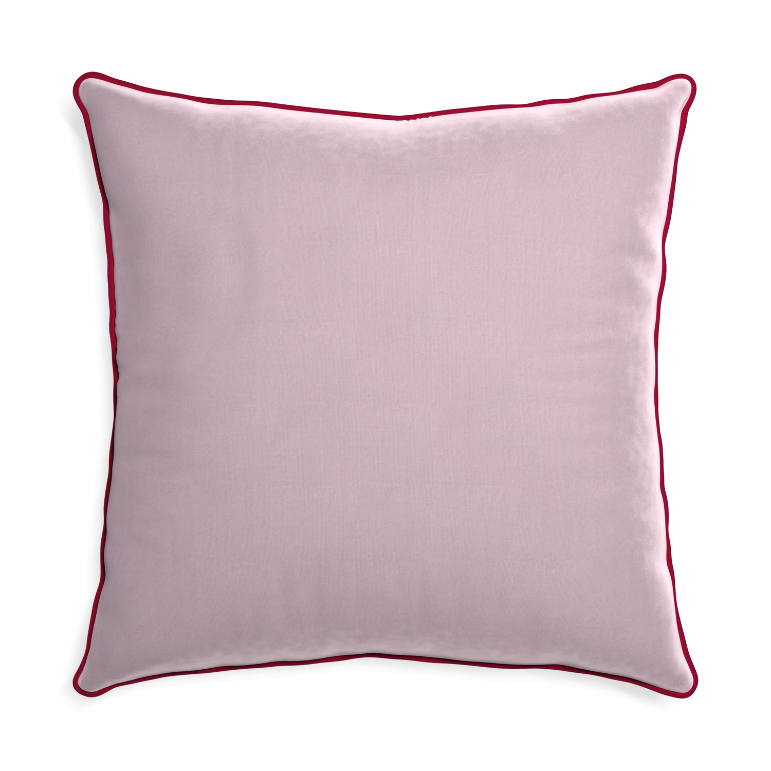 Euro-sham lilac velvet custom pillow with raspberry piping on white background