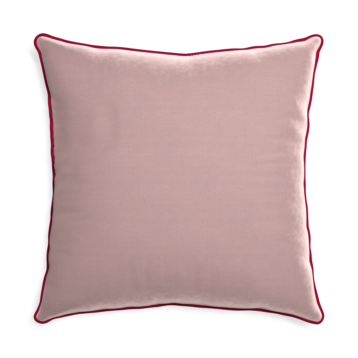 Euro-sham mauve velvet custom pillow with raspberry piping on white background