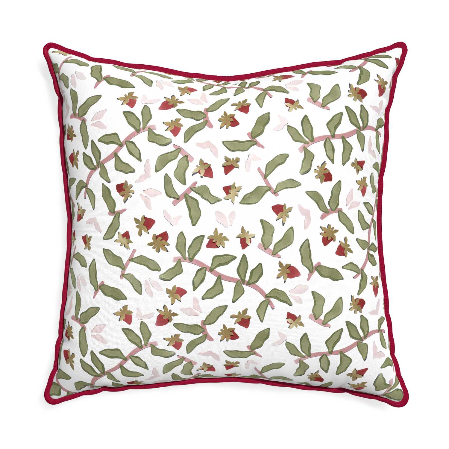 Euro-sham nellie custom pillow with raspberry piping on white background