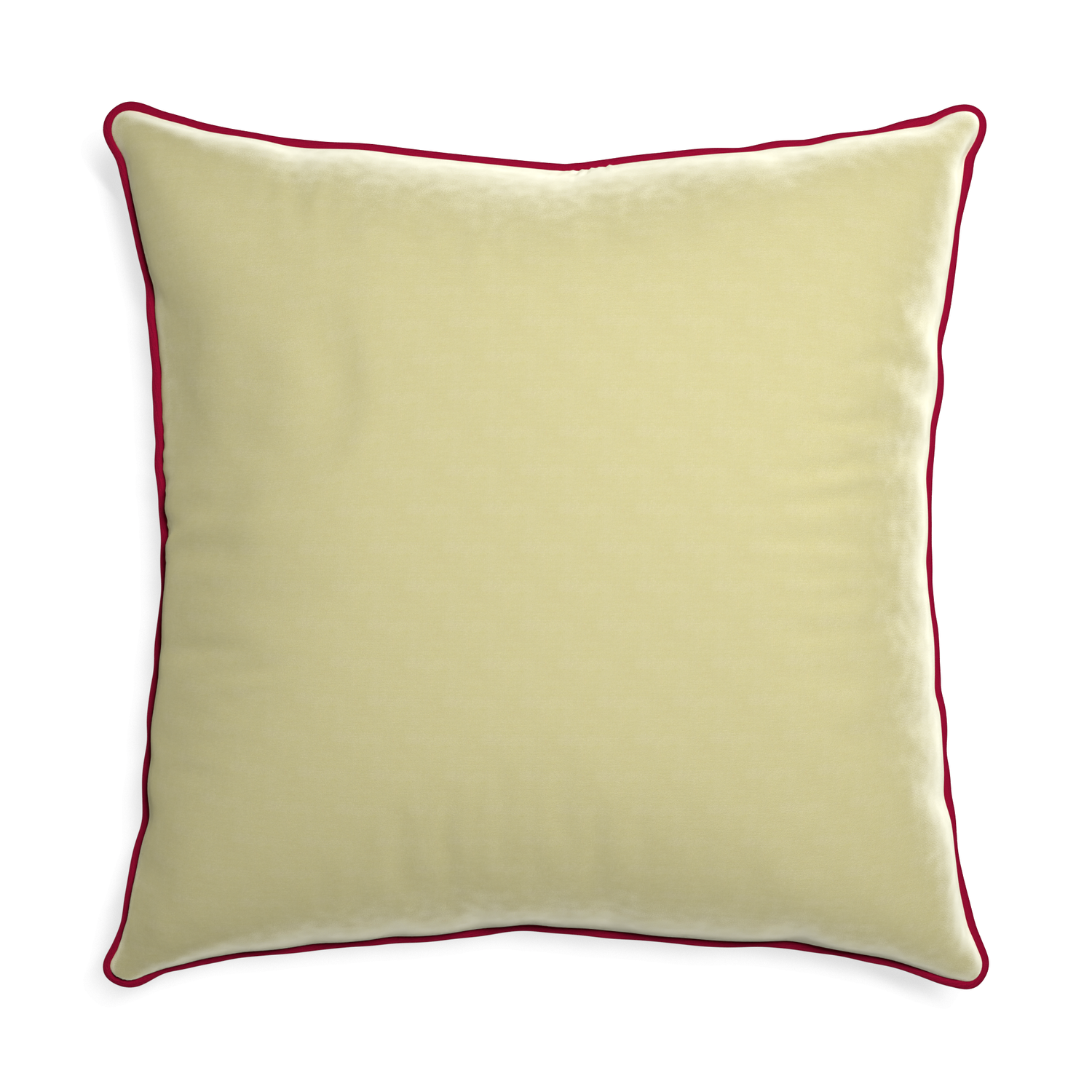 square light green velvet pillow with dark red piping