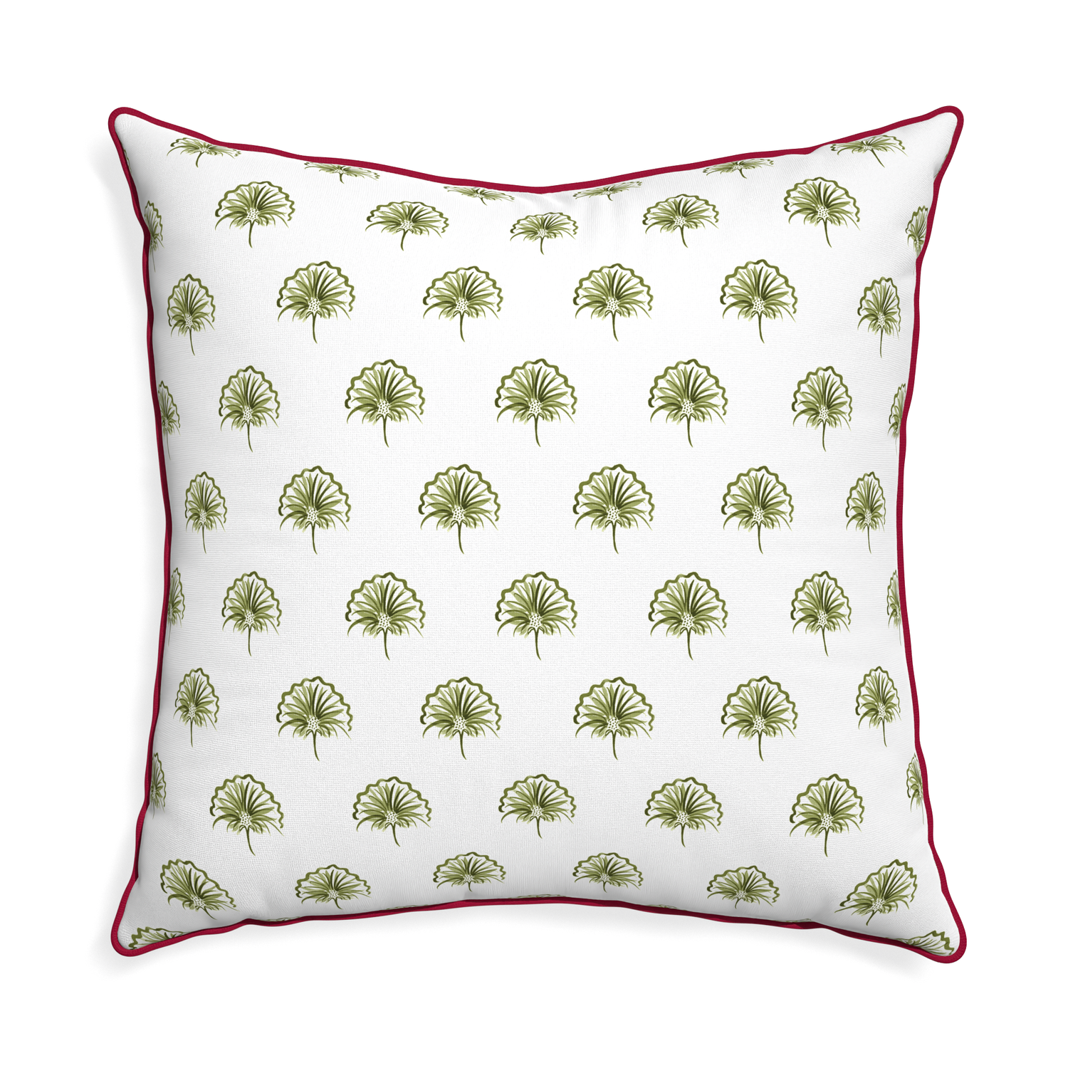 Euro-sham penelope moss custom green floralpillow with raspberry piping on white background