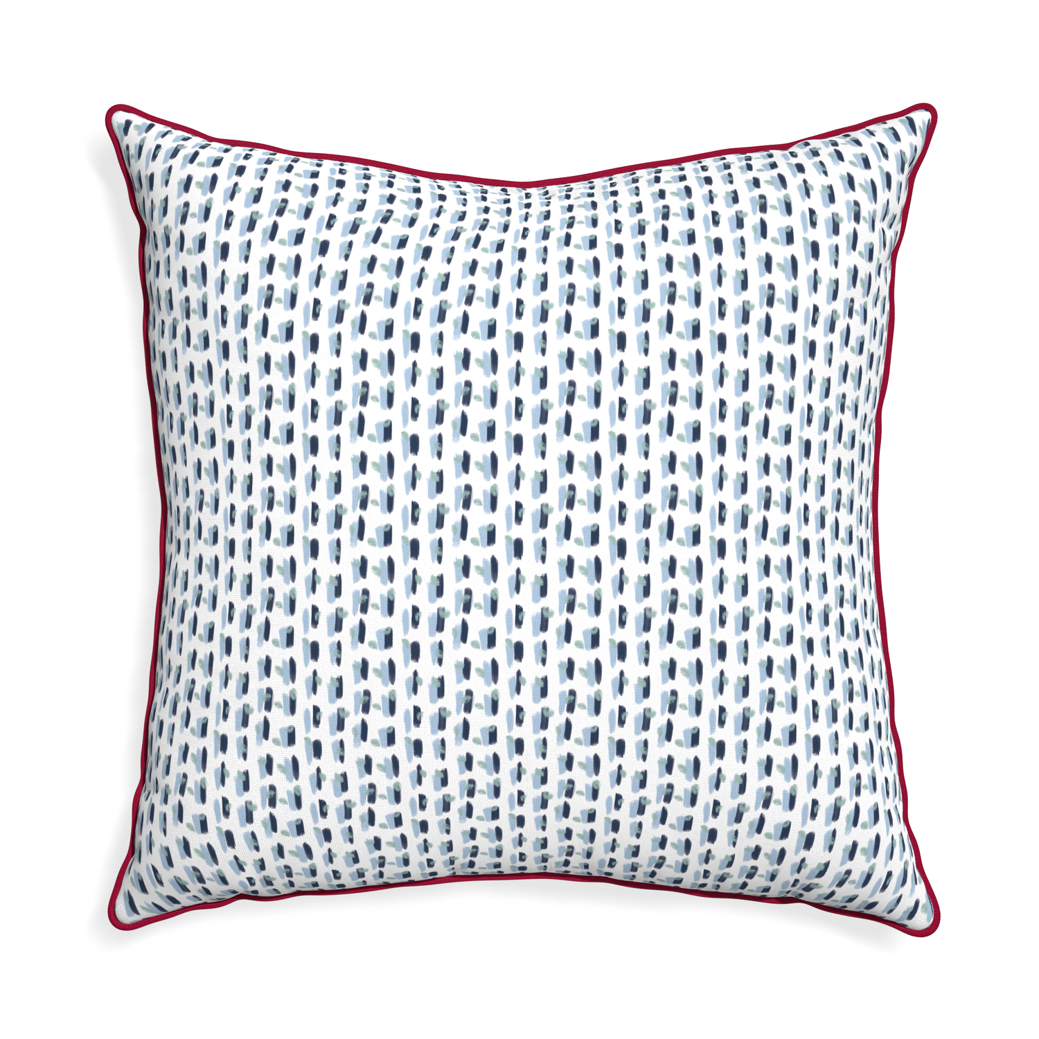 Euro-sham poppy blue custom pillow with raspberry piping on white background