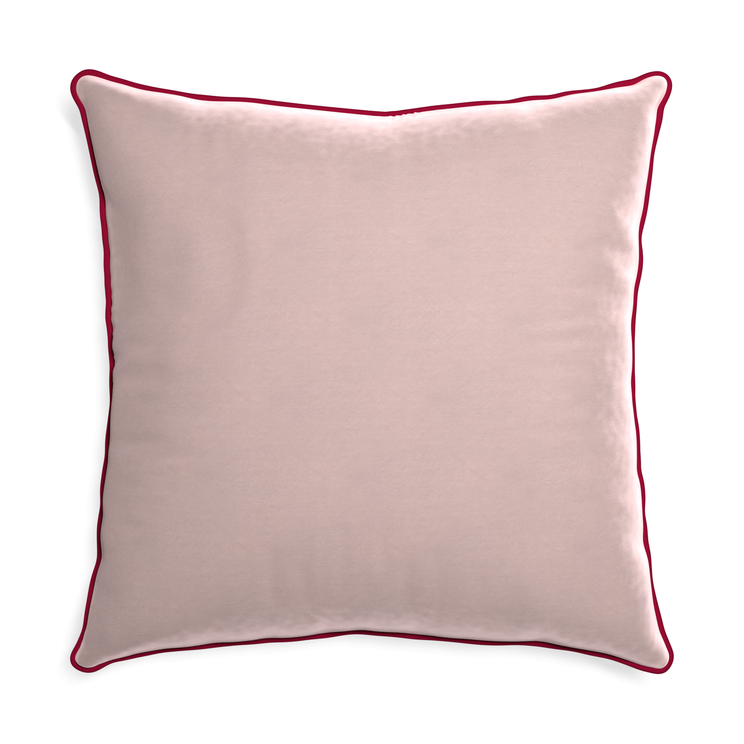 Euro-sham rose velvet custom pillow with raspberry piping on white background