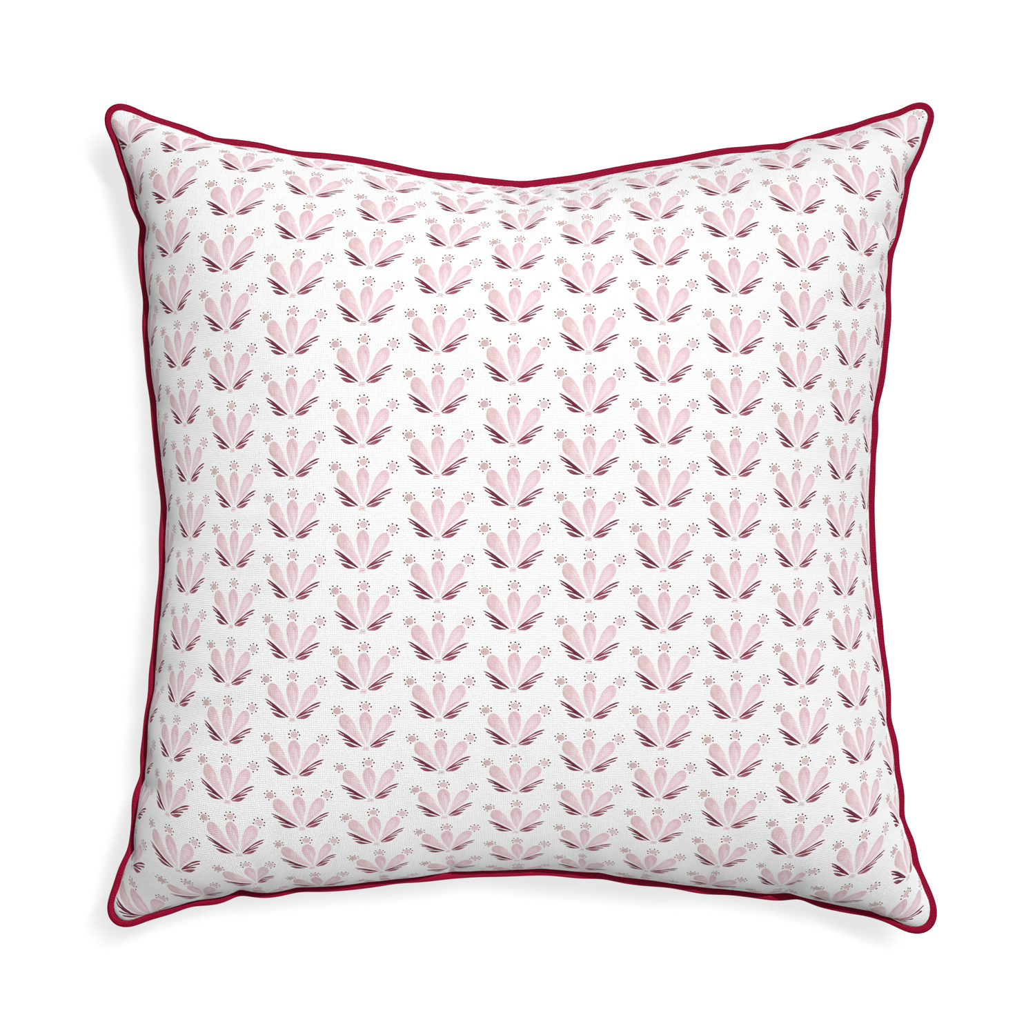 Euro-sham serena pink custom pink & burgundy drop repeat floralpillow with raspberry piping on white background