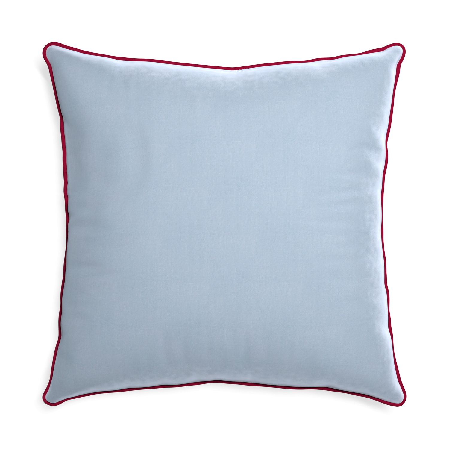 square light blue velvet pillow with dark red piping