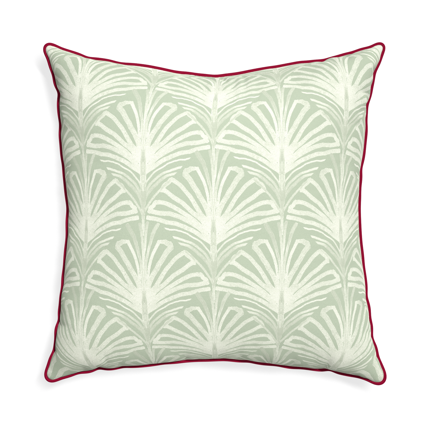 Euro-sham suzy sage custom pillow with raspberry piping on white background