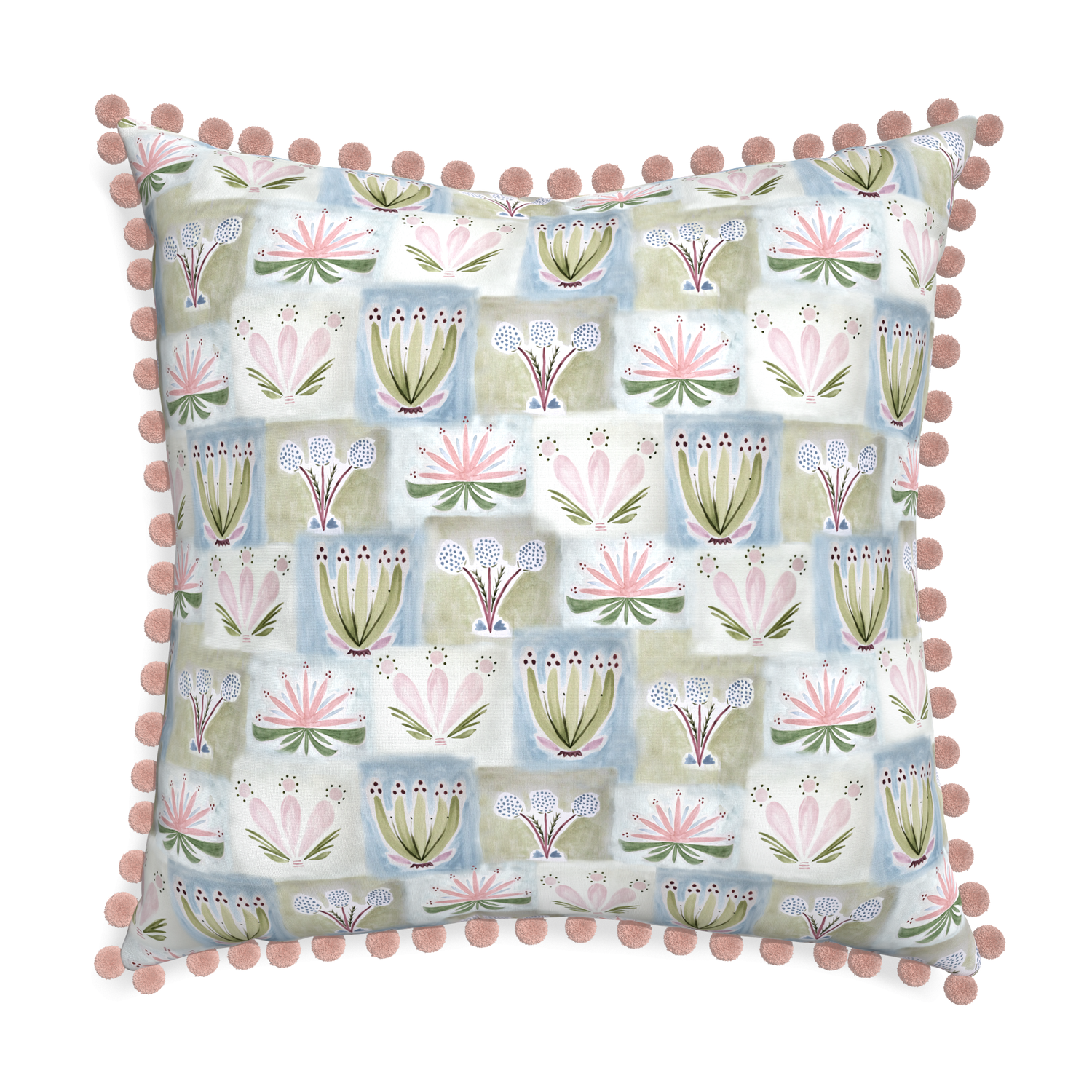 hand painted floral pillow with rose pink pom poms