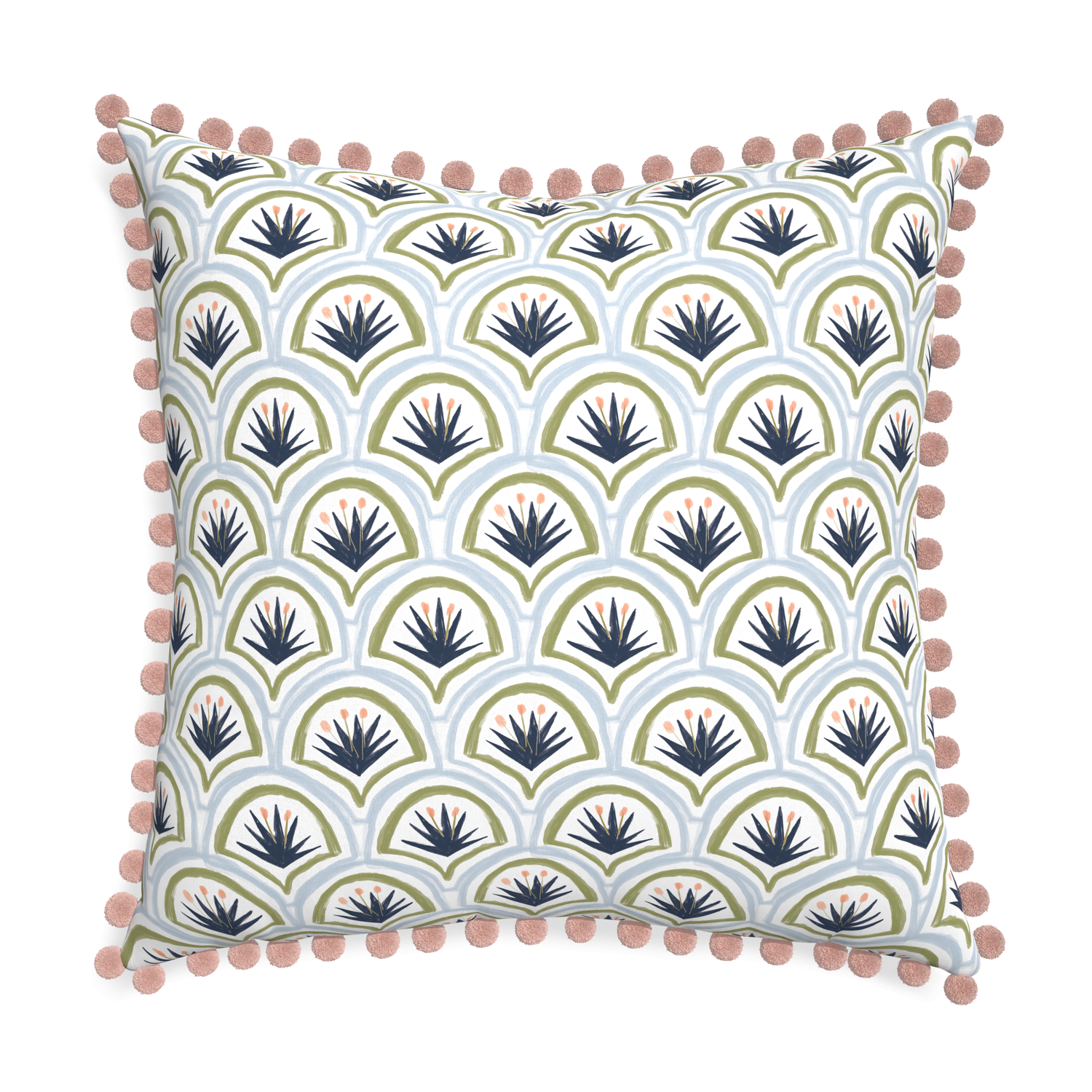 Euro-sham thatcher midnight custom art deco palm patternpillow with rose pom pom on white background
