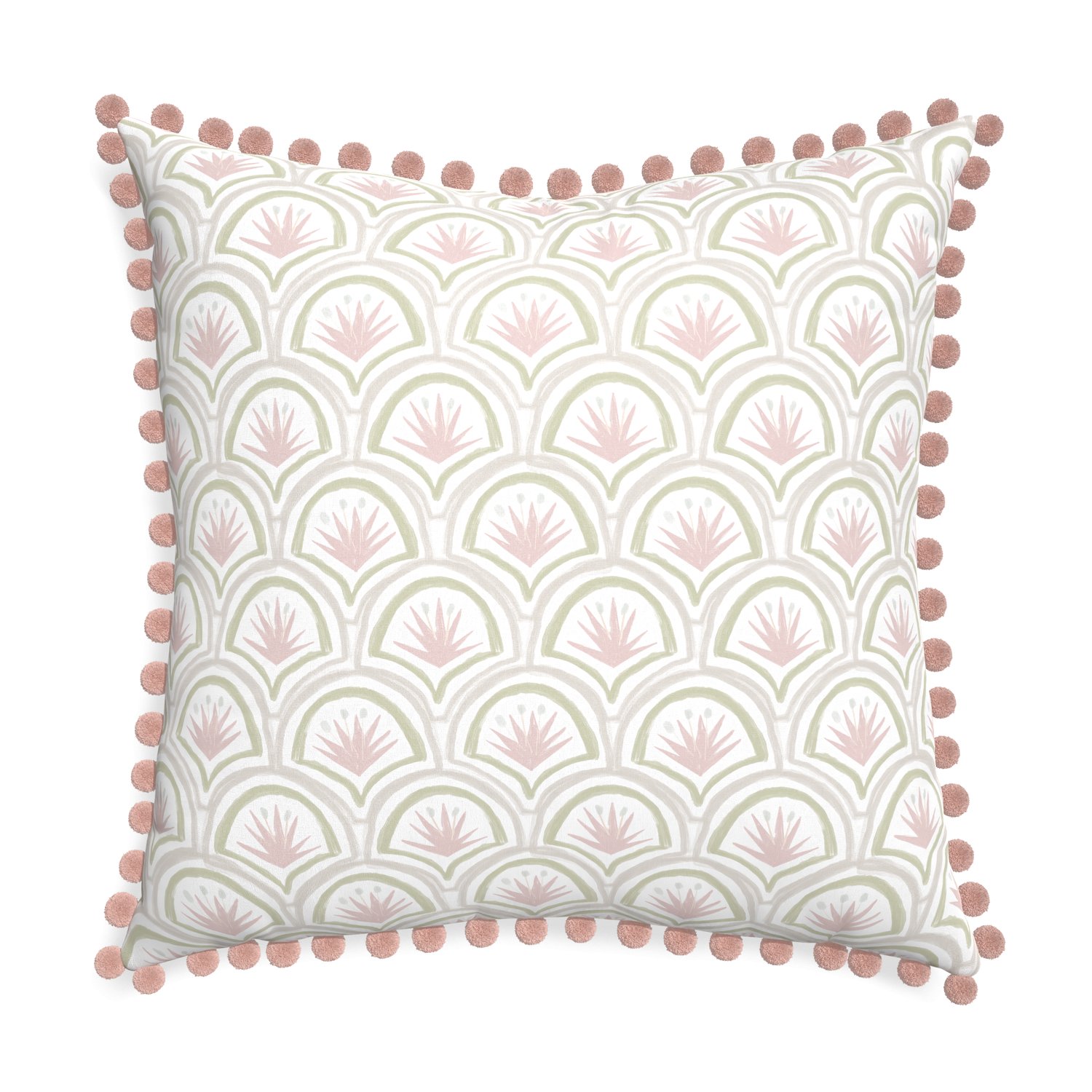pink and green art deco palm  pillow with rose pink pom poms
