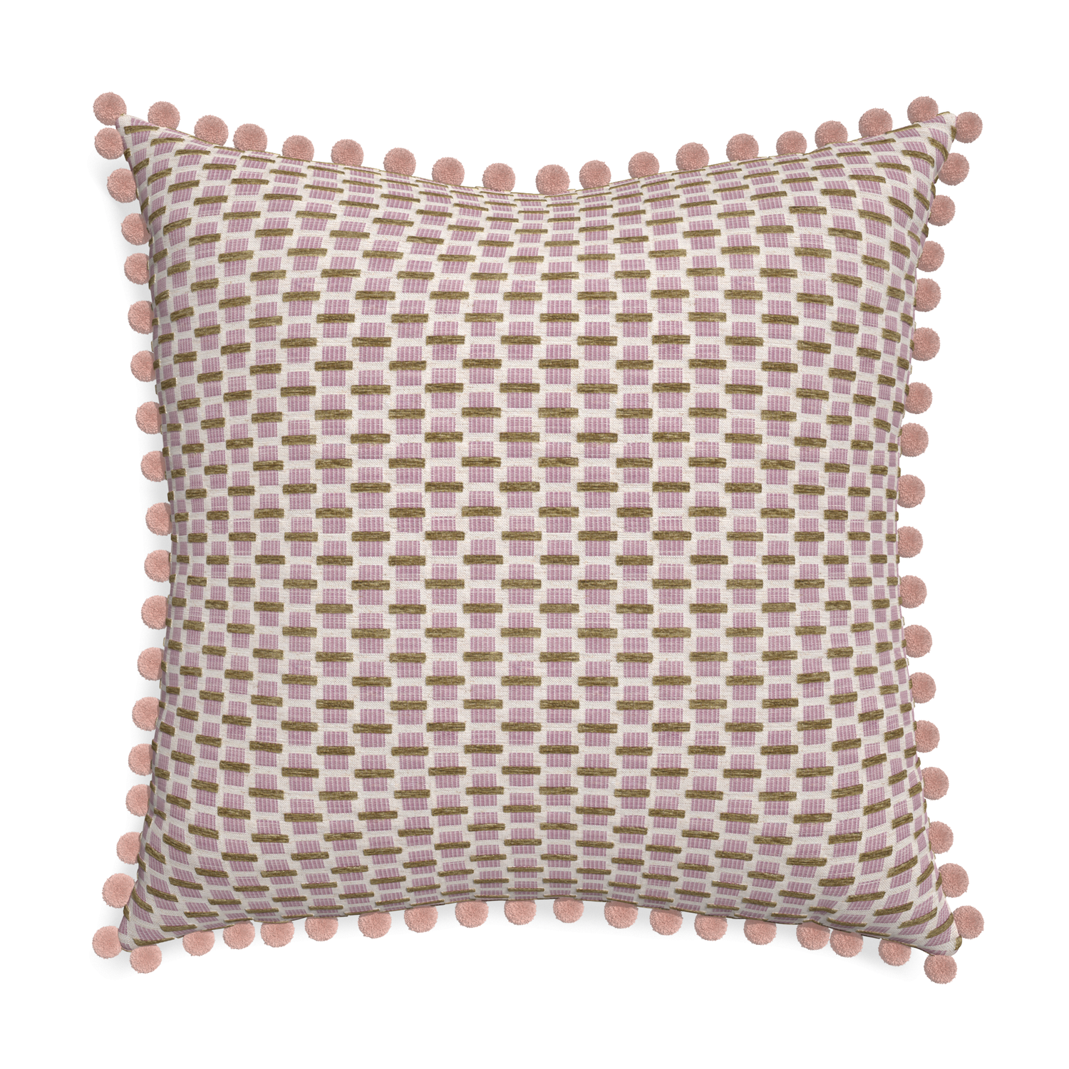 Euro-sham willow orchid custom pink geometric chenillepillow with rose pom pom on white background