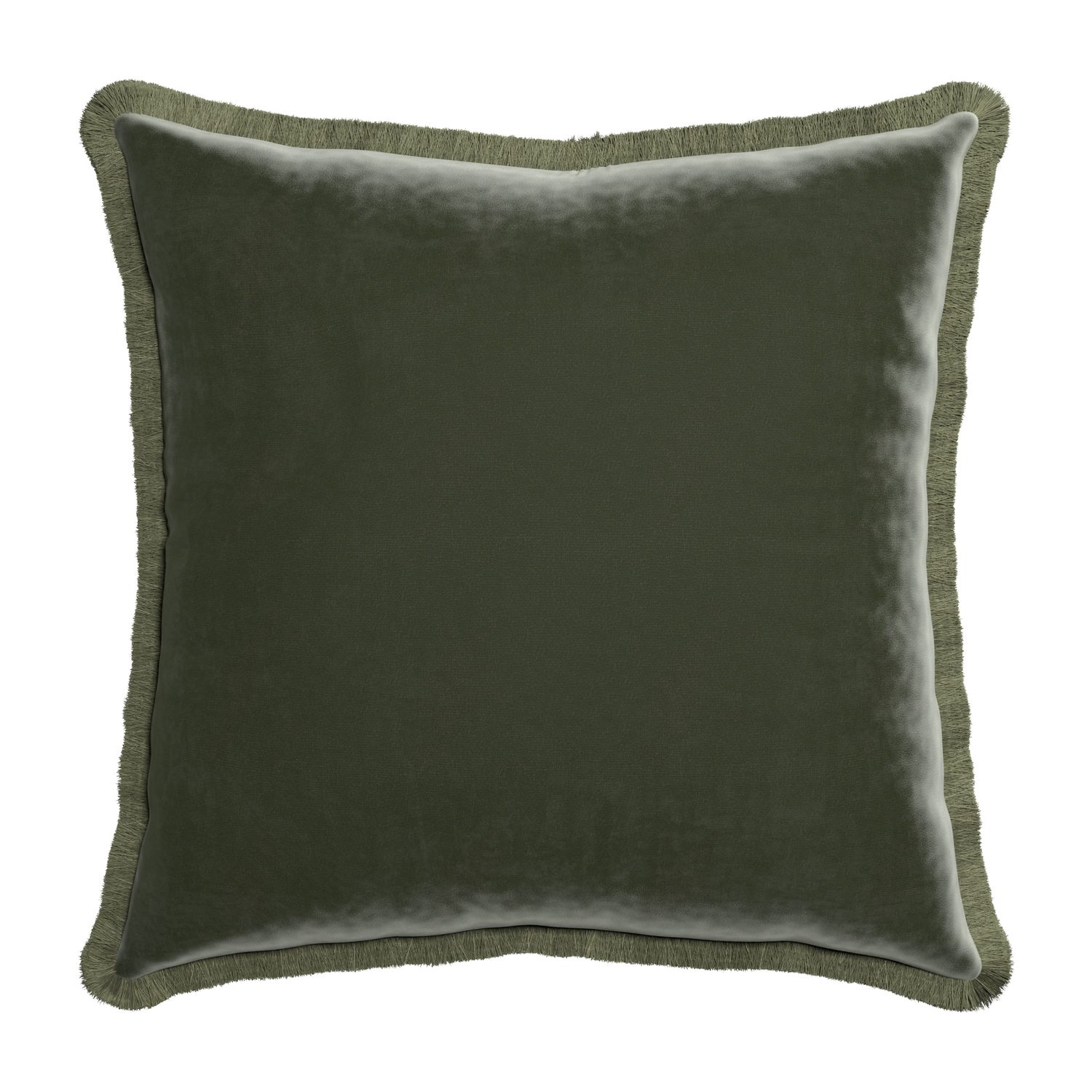 square fern green velvet pillow with sage green fringe