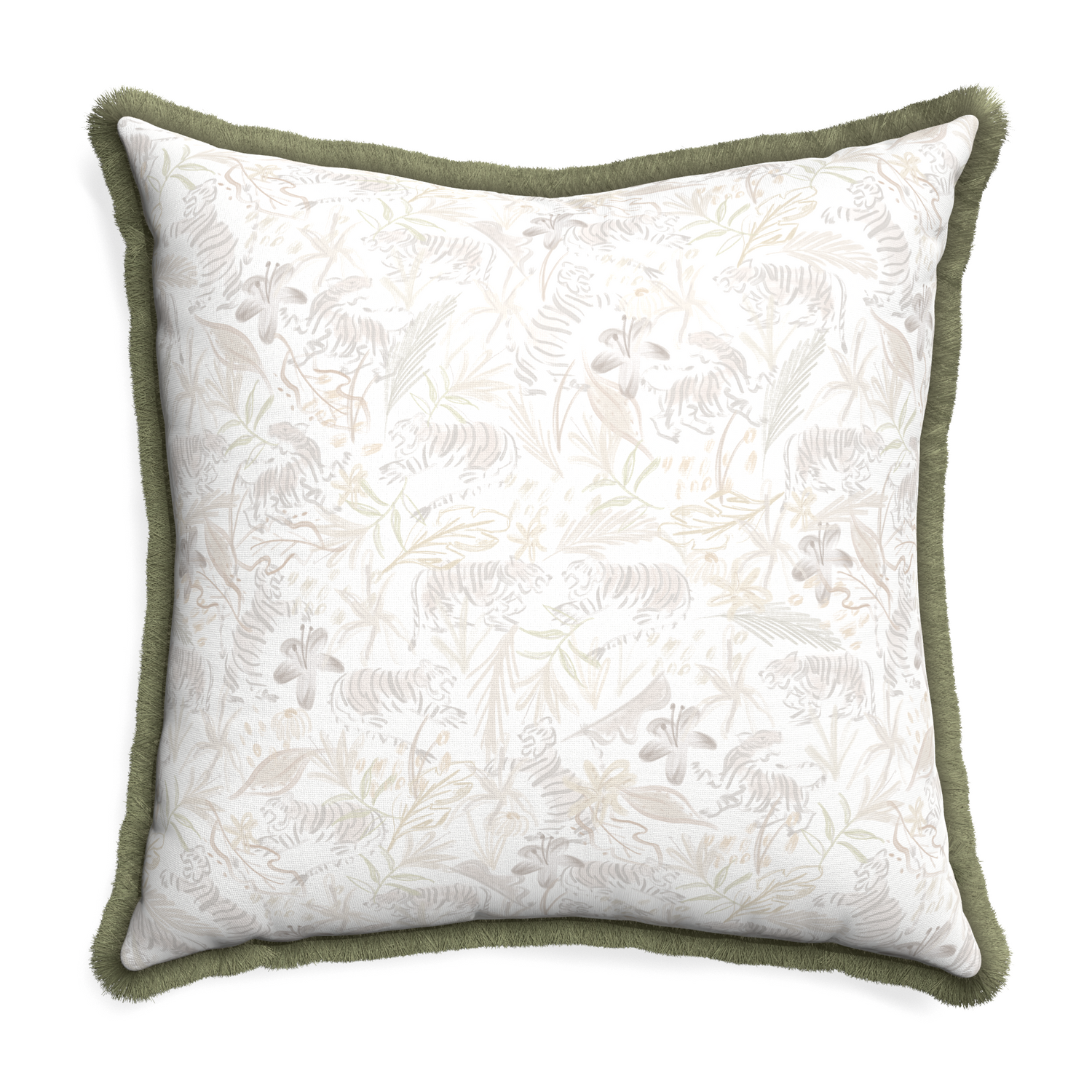 Euro-sham frida sand custom pillow with sage fringe on white background