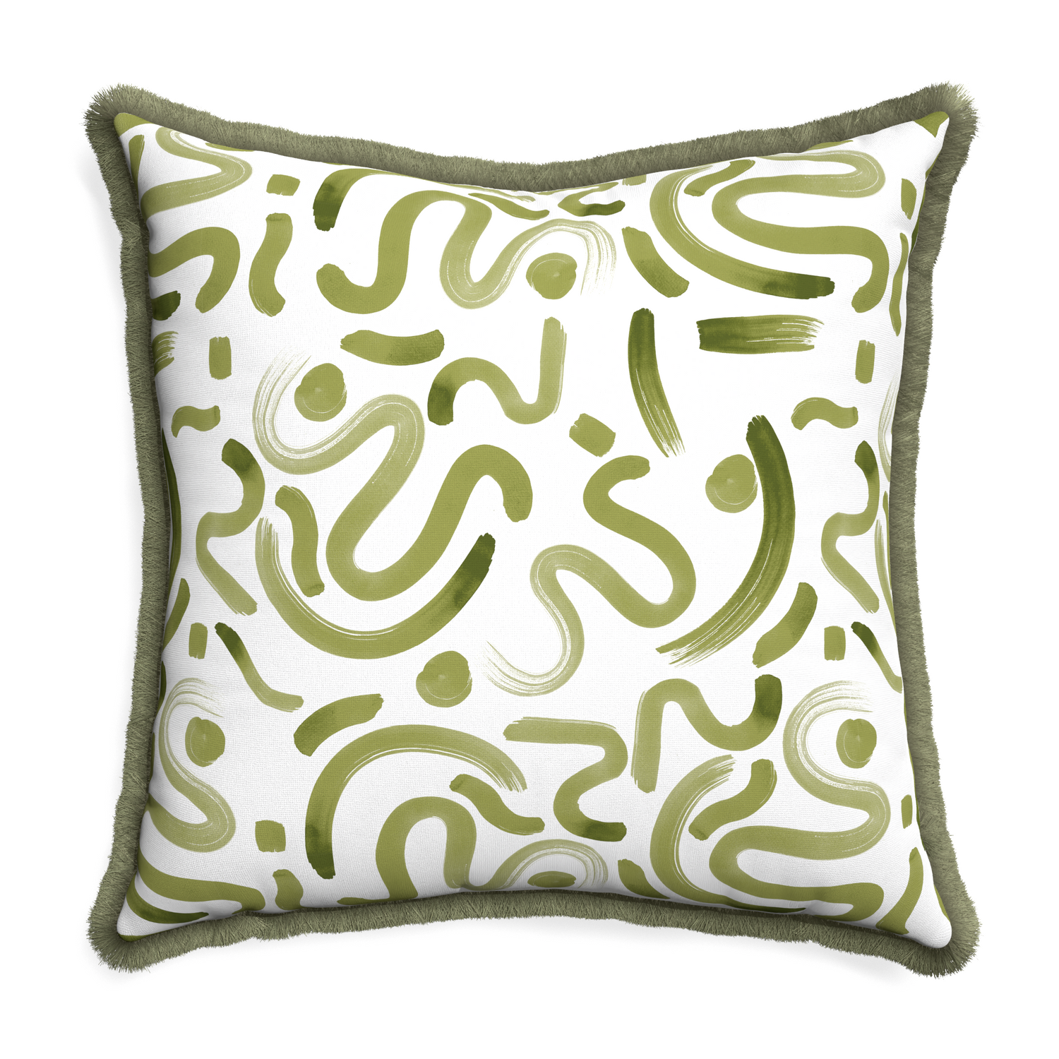 Euro-sham hockney moss custom pillow with sage fringe on white background