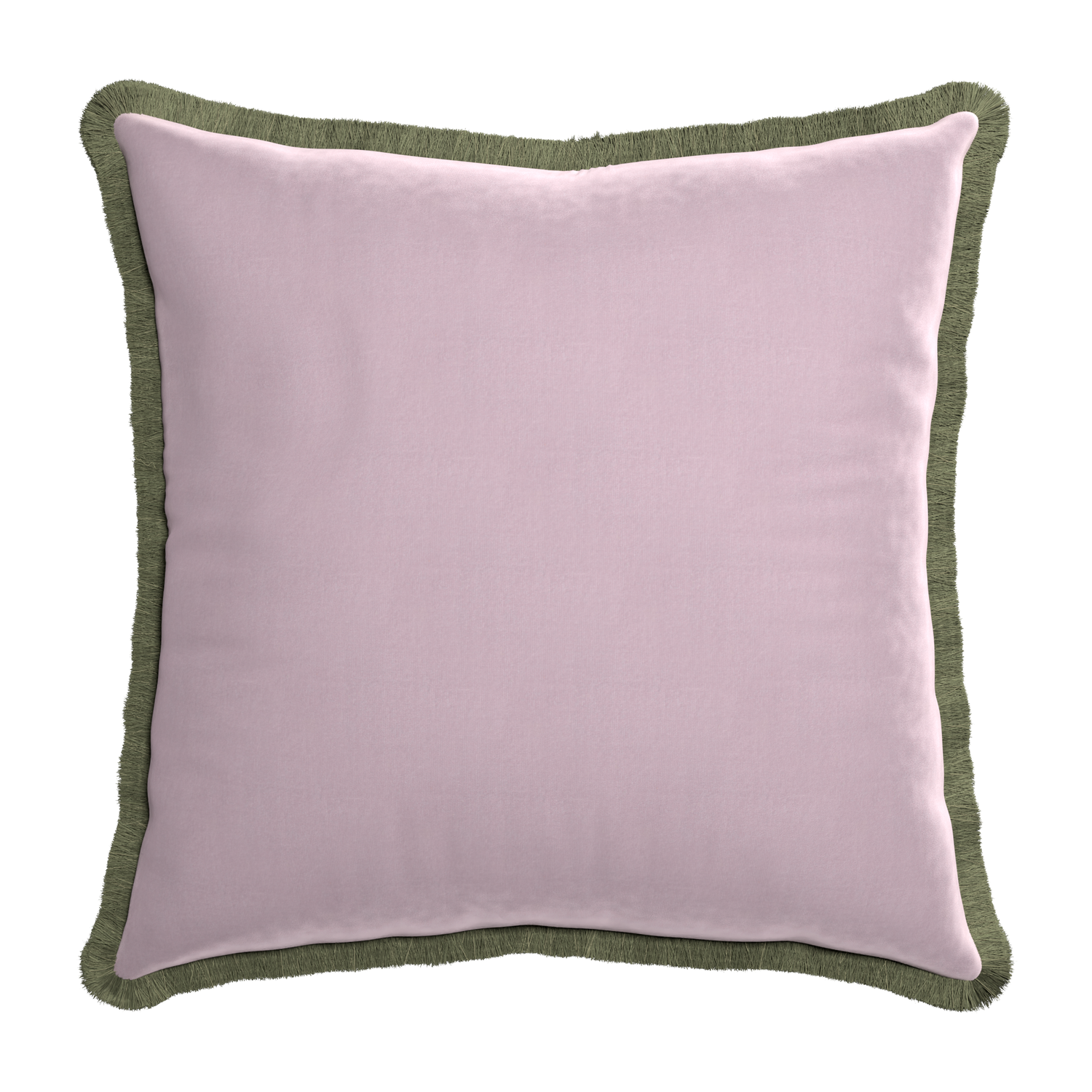 Euro-sham lilac velvet custom pillow with sage fringe on white background