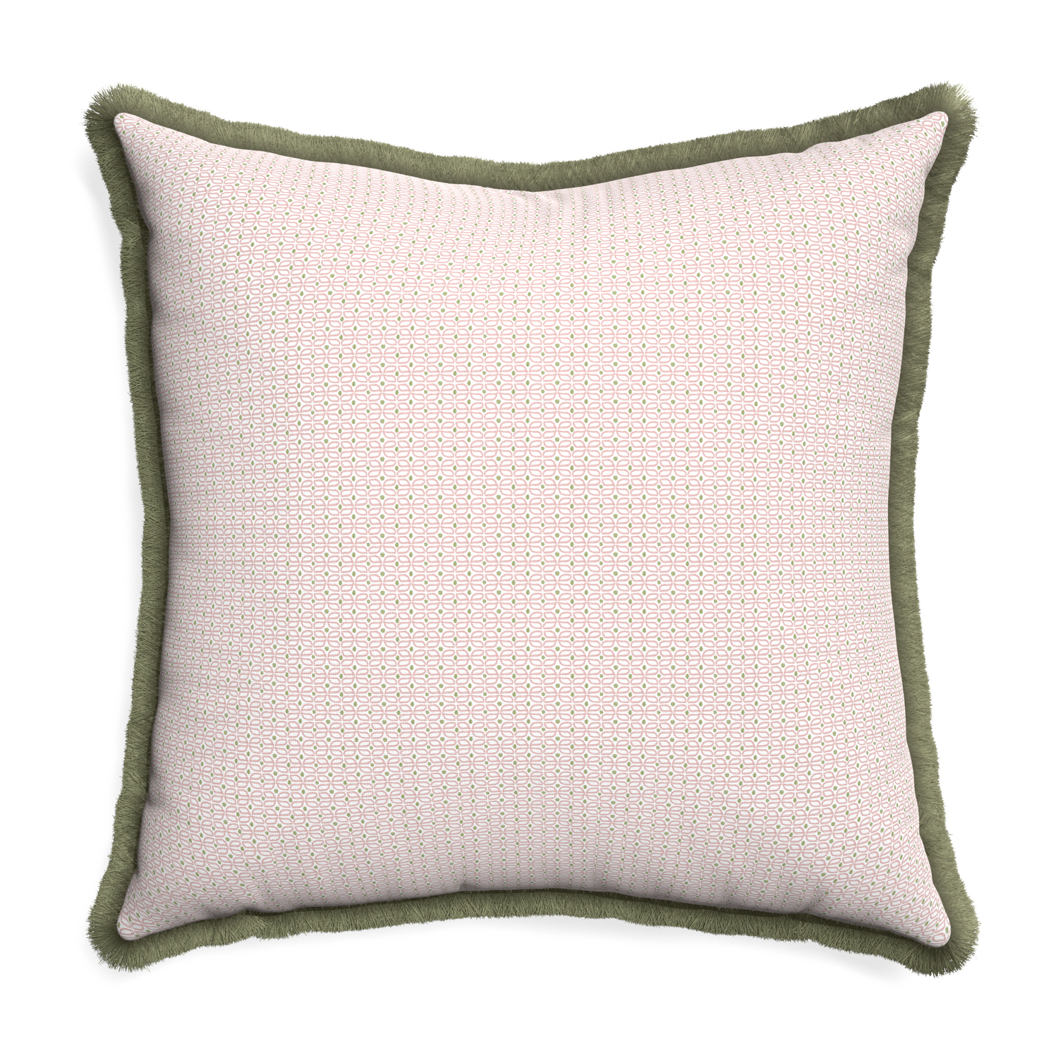 Euro-sham loomi pink custom pillow with sage fringe on white background