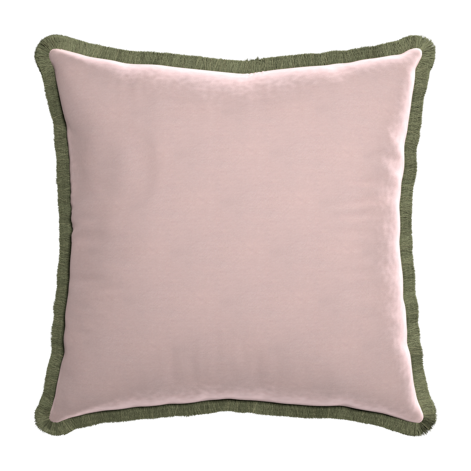 Euro-sham rose velvet custom pillow with sage fringe on white background