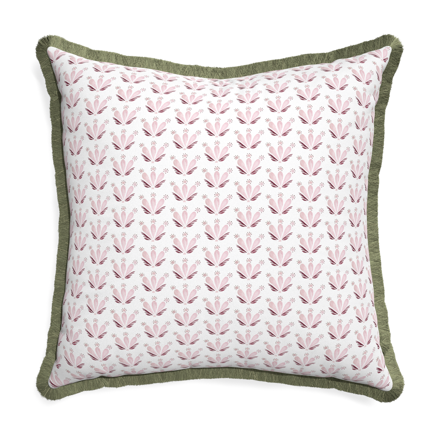 Euro-sham serena pink custom pillow with sage fringe on white background