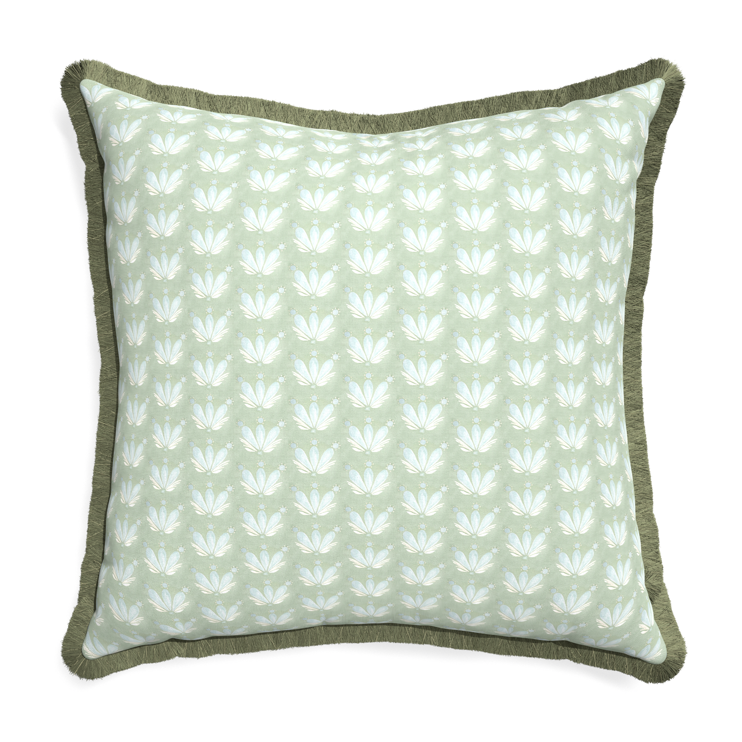 Euro-sham serena sea salt custom pillow with sage fringe on white background