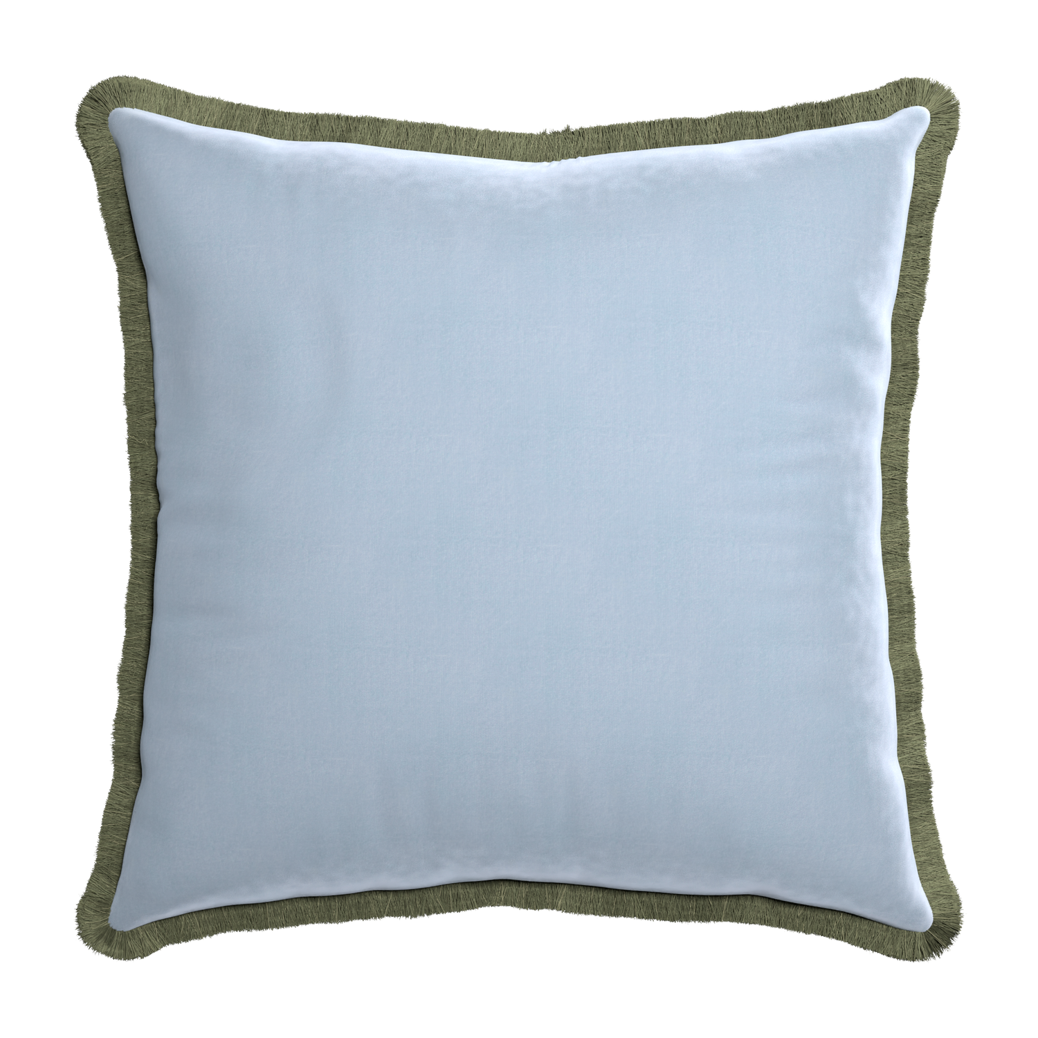 square light blue velvet pillow with sage green fringe