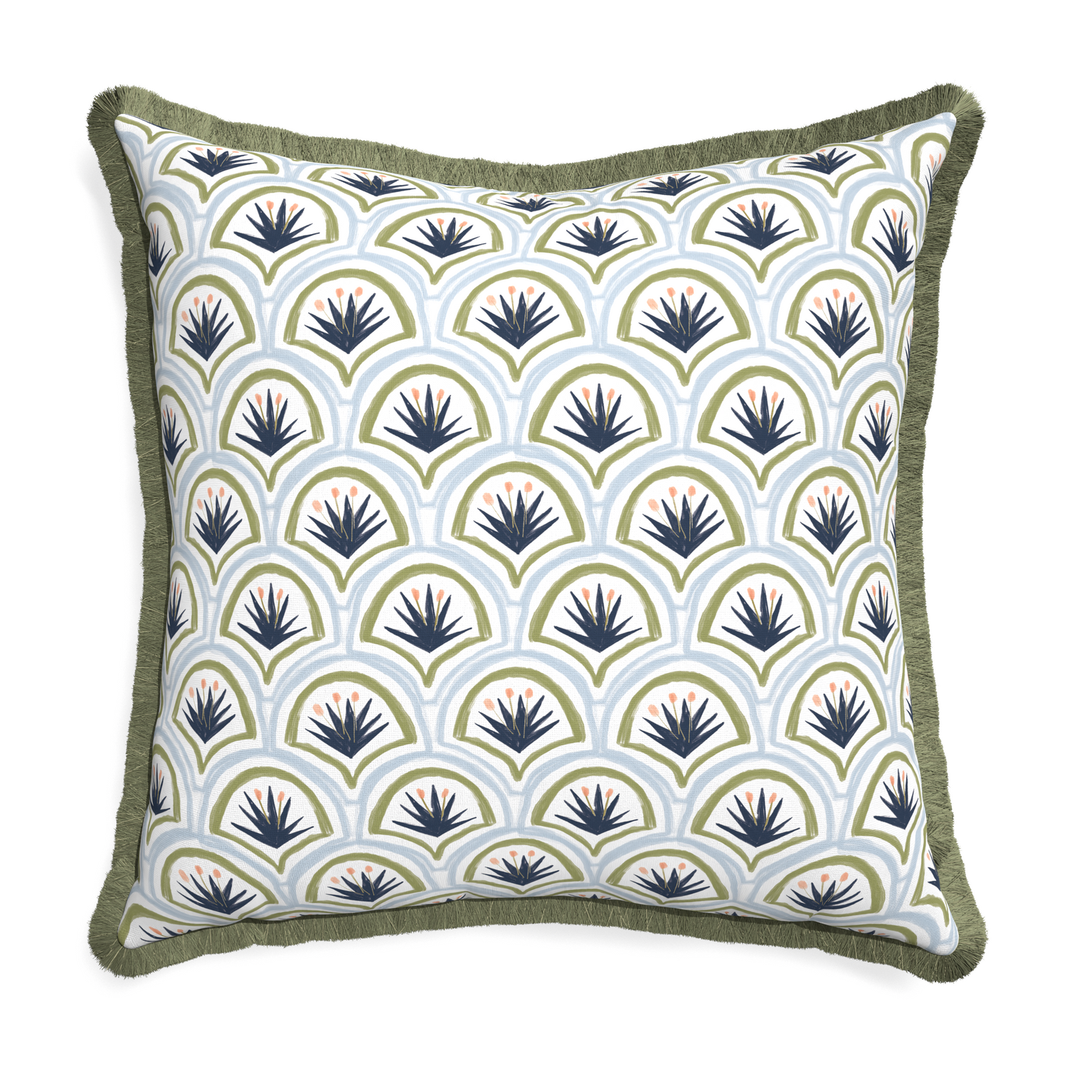 Euro-sham thatcher midnight custom art deco palm patternpillow with sage fringe on white background