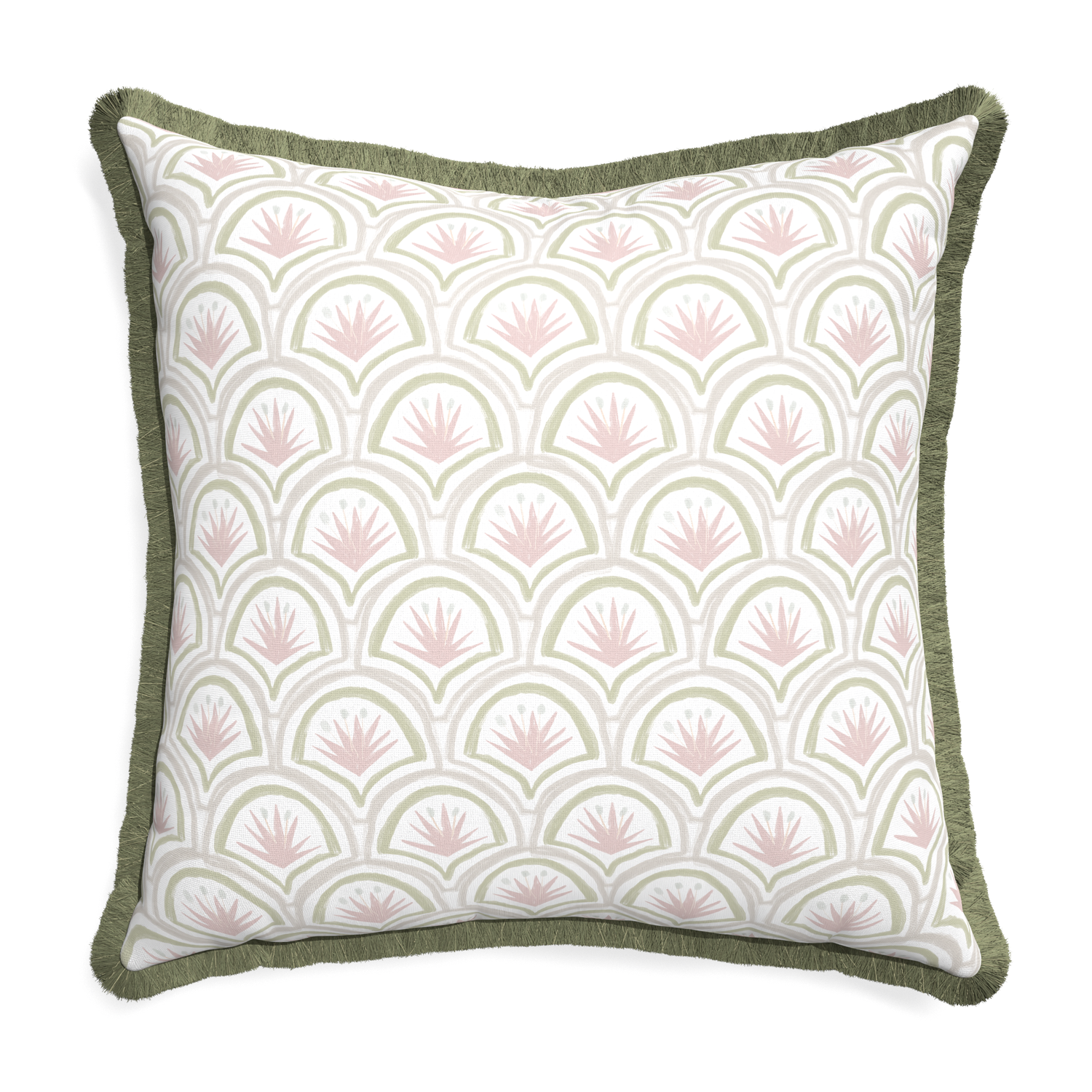Euro-sham thatcher rose custom pink & green palmpillow with sage fringe on white background