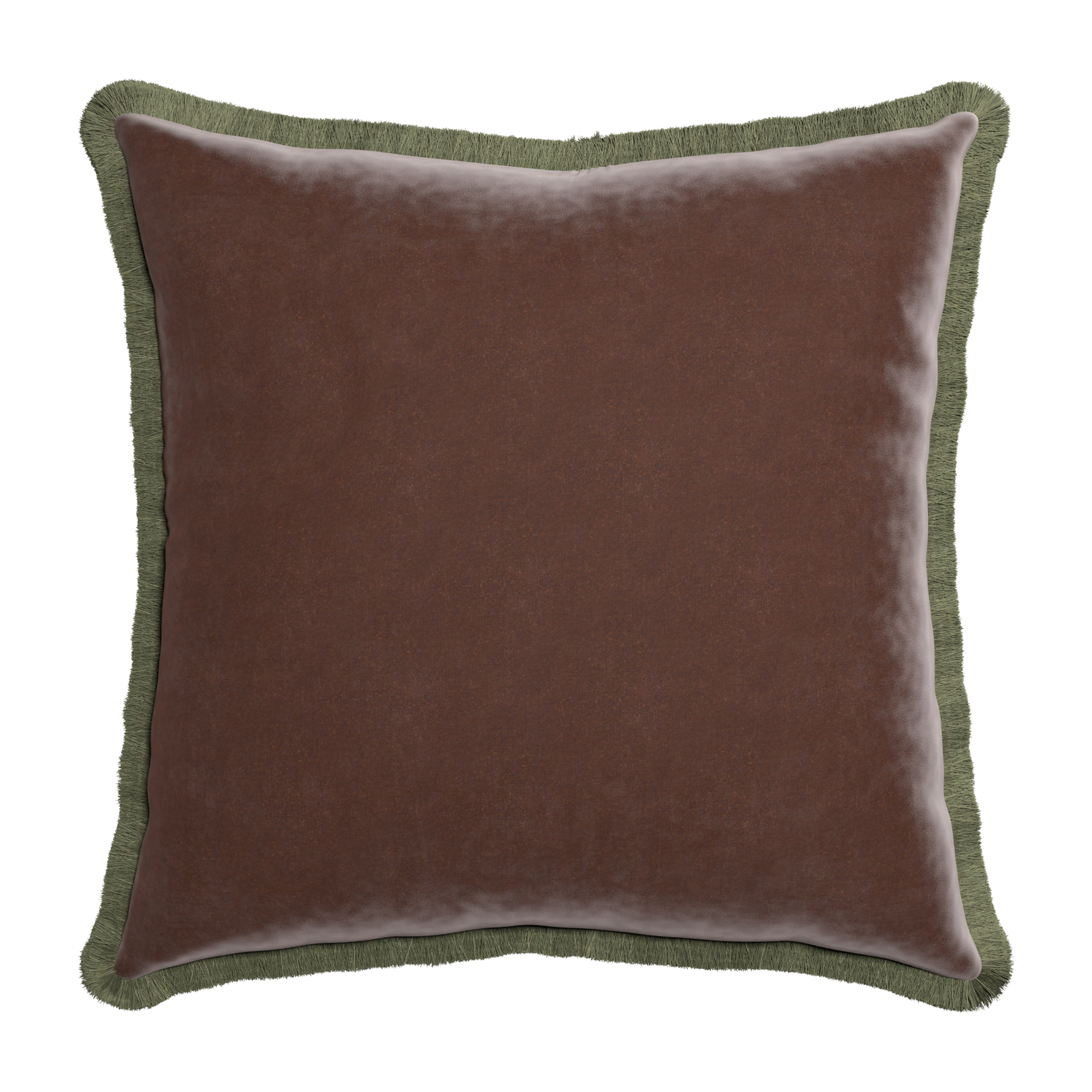 Euro-sham walnut velvet custom pillow with sage fringe on white background