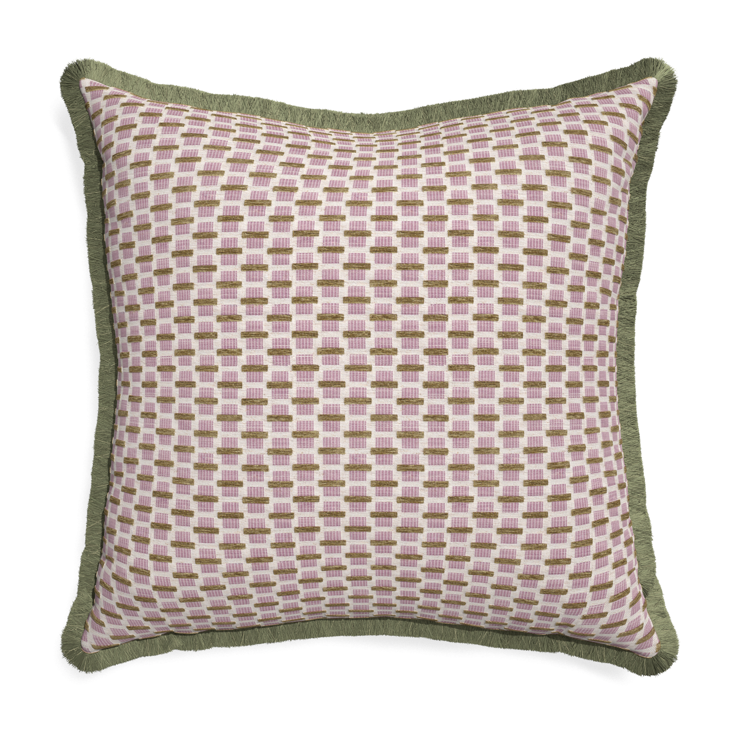 Euro-sham willow orchid custom pink geometric chenillepillow with sage fringe on white background