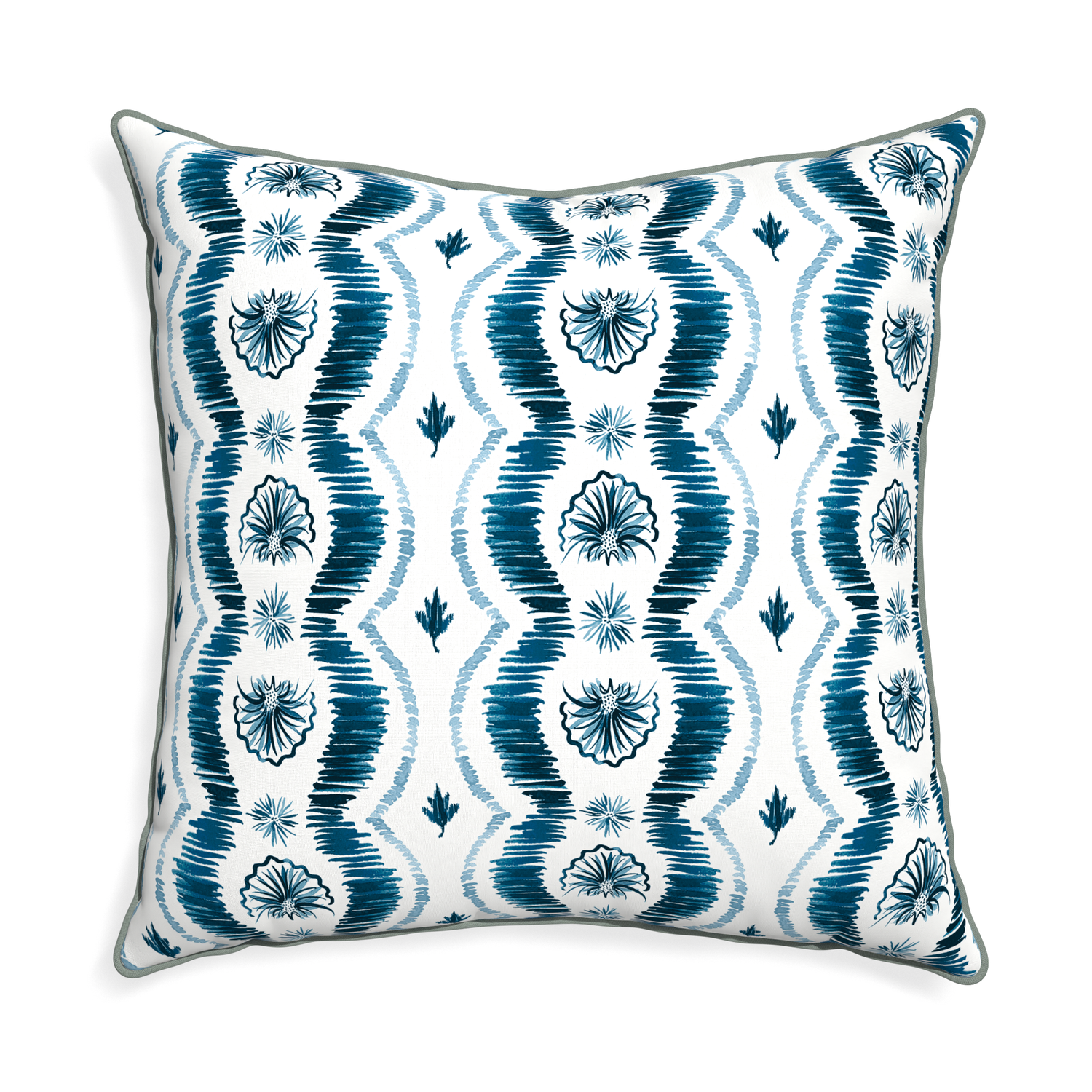 Euro-sham alice custom blue ikatpillow with sage piping on white background