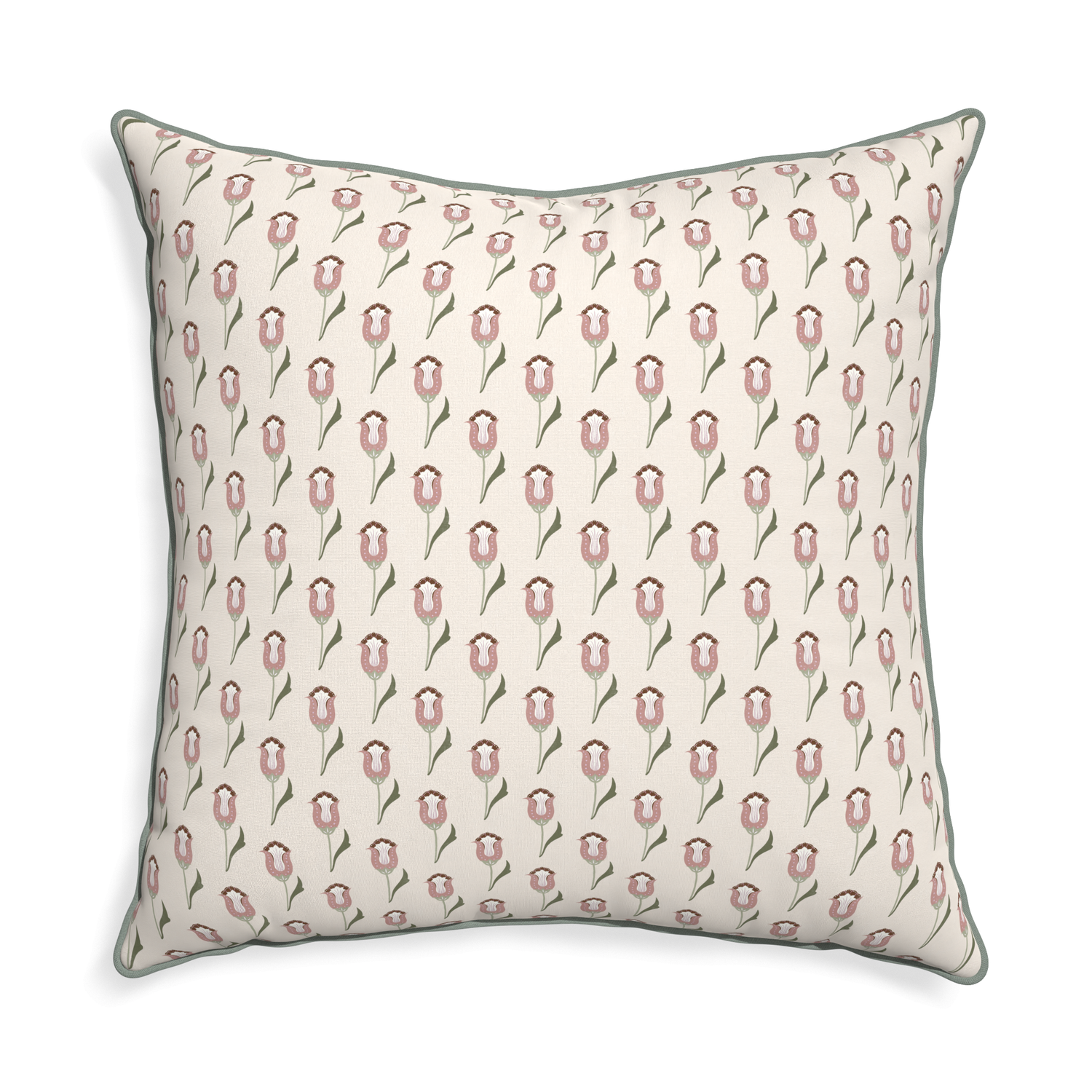 abstract floral pink pillow with sage green piping