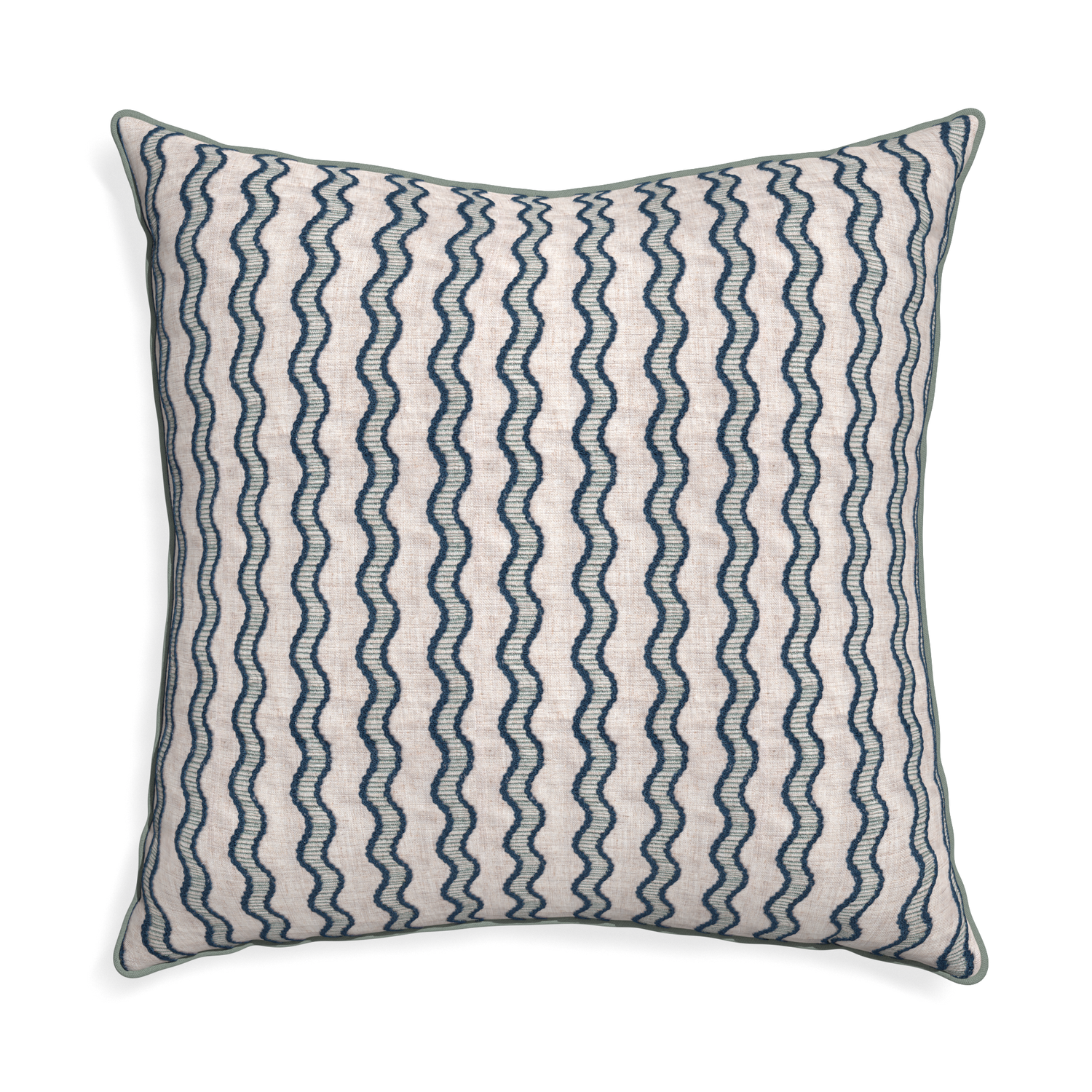 Euro-sham beatrice custom embroidered wavepillow with sage piping on white background