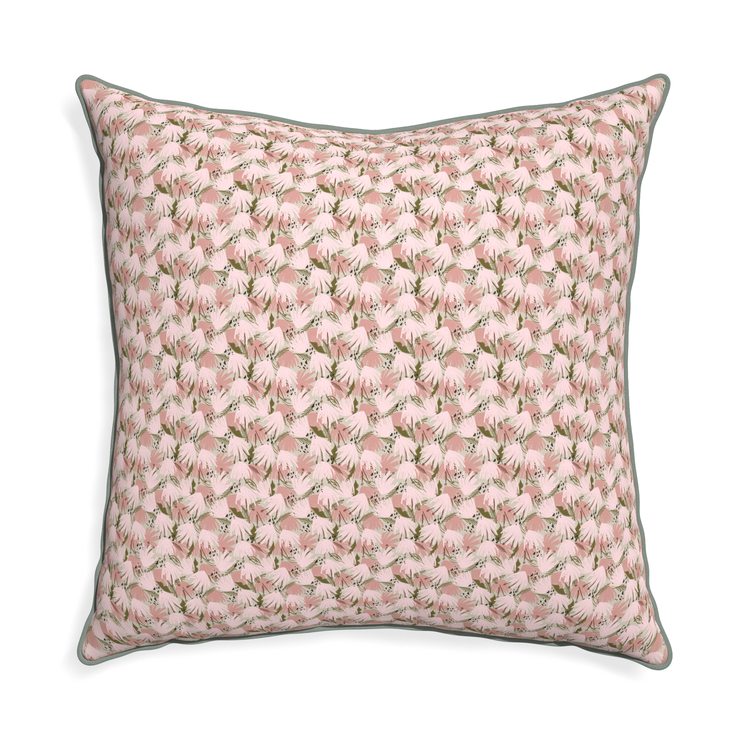 Euro-sham eden pink custom pink floralpillow with sage piping on white background