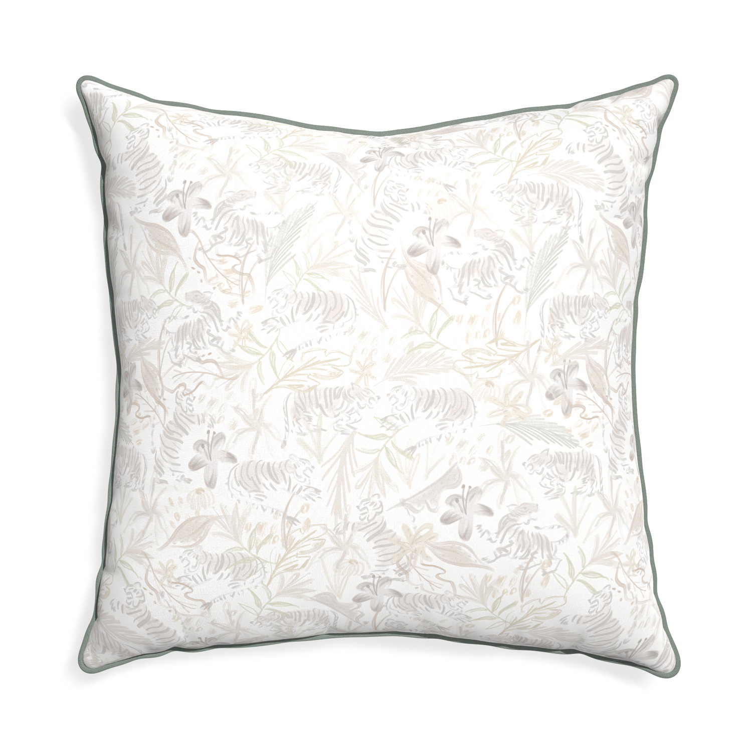 Euro-sham frida sand custom beige chinoiserie tigerpillow with sage piping on white background