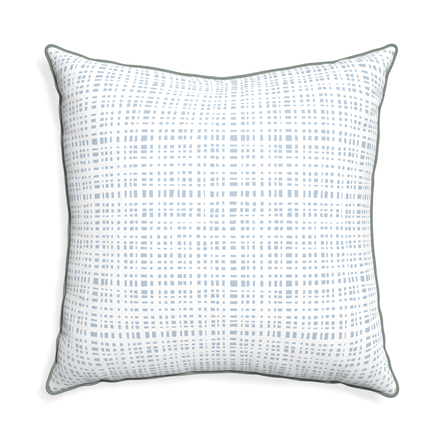 Euro-sham ginger custom plaid sky bluepillow with sage piping on white background