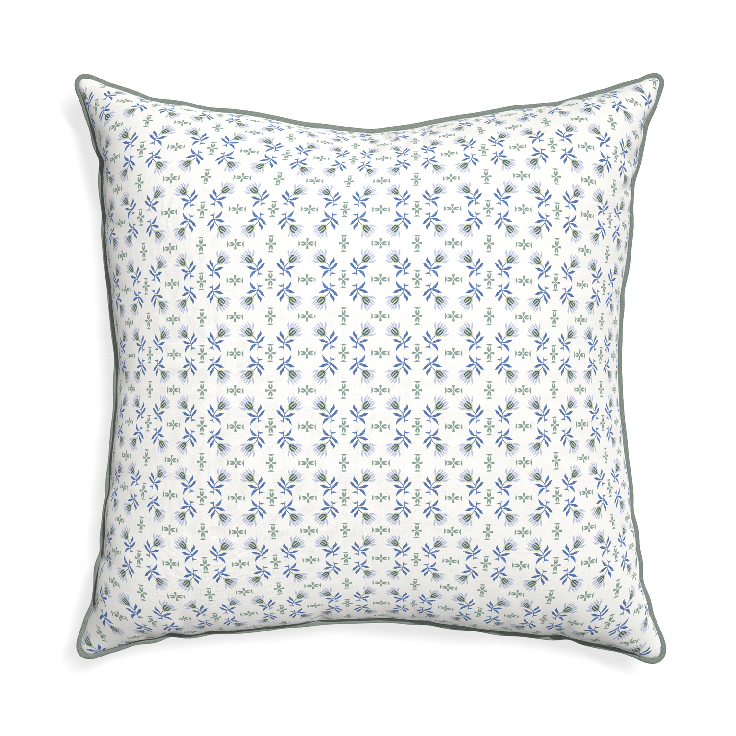Euro-sham lee custom blue & green floralpillow with sage piping on white background