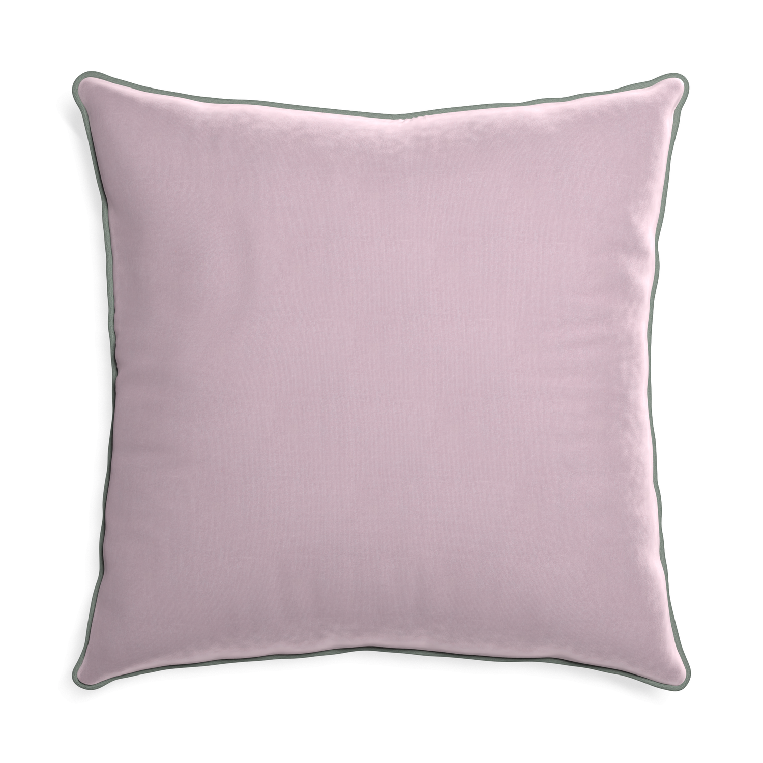 Euro-sham lilac velvet custom lilacpillow with sage piping on white background