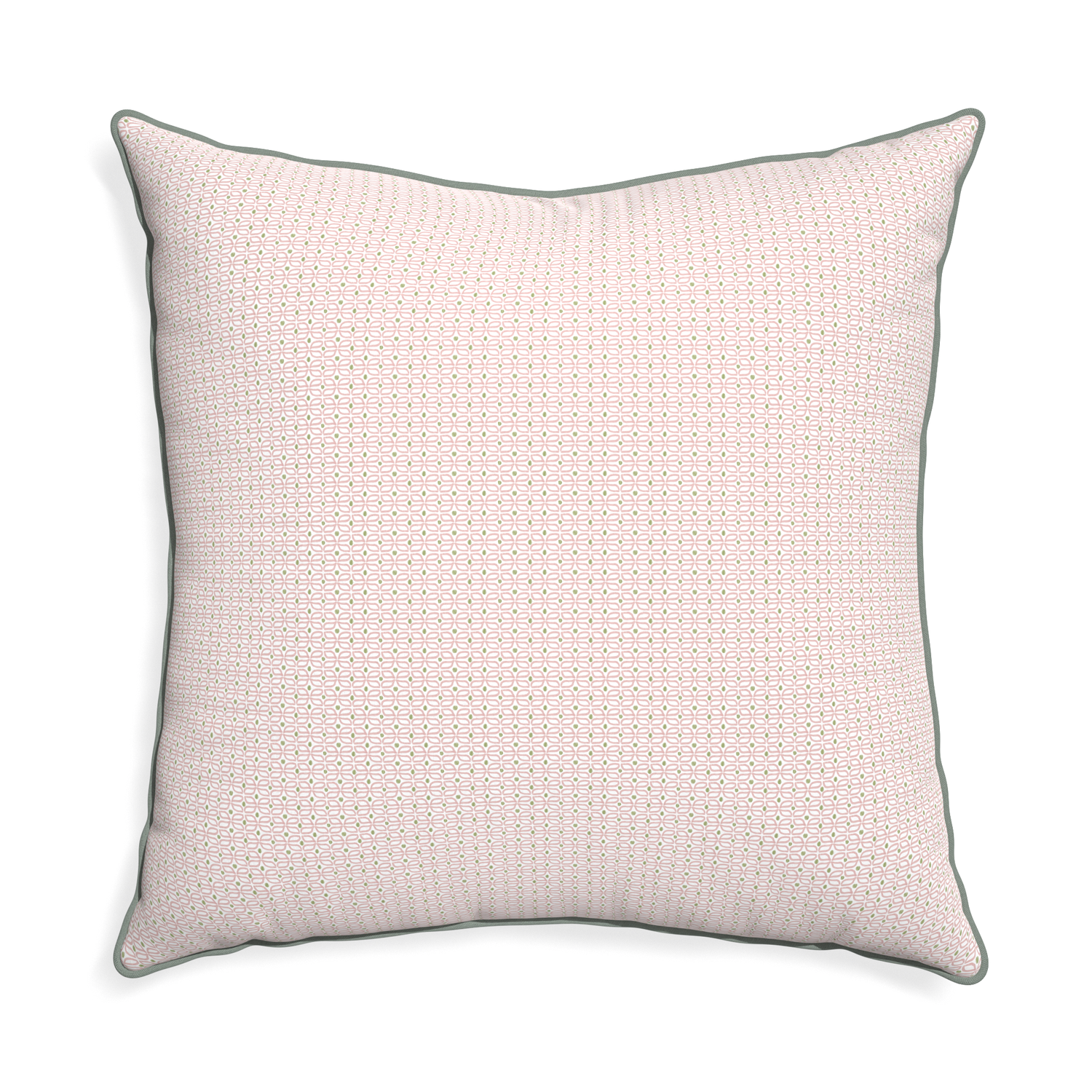 Euro-sham loomi pink custom pink geometricpillow with sage piping on white background