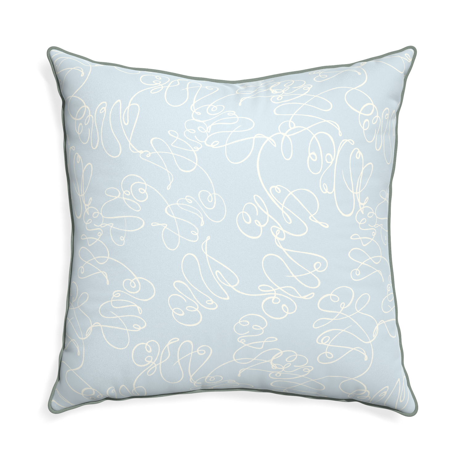 Euro-sham mirabella custom powder blue abstractpillow with sage piping on white background