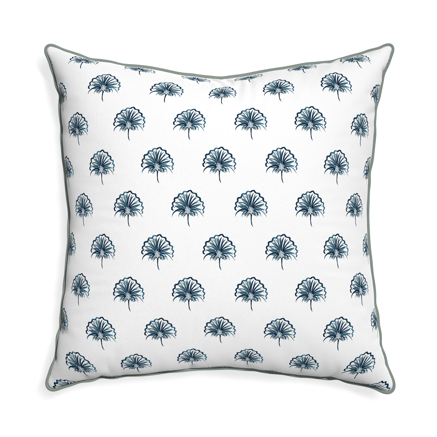 Euro-sham penelope midnight custom floral navypillow with sage piping on white background