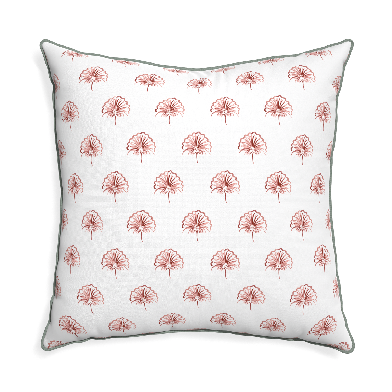 Euro-sham penelope rose custom floral pinkpillow with sage piping on white background