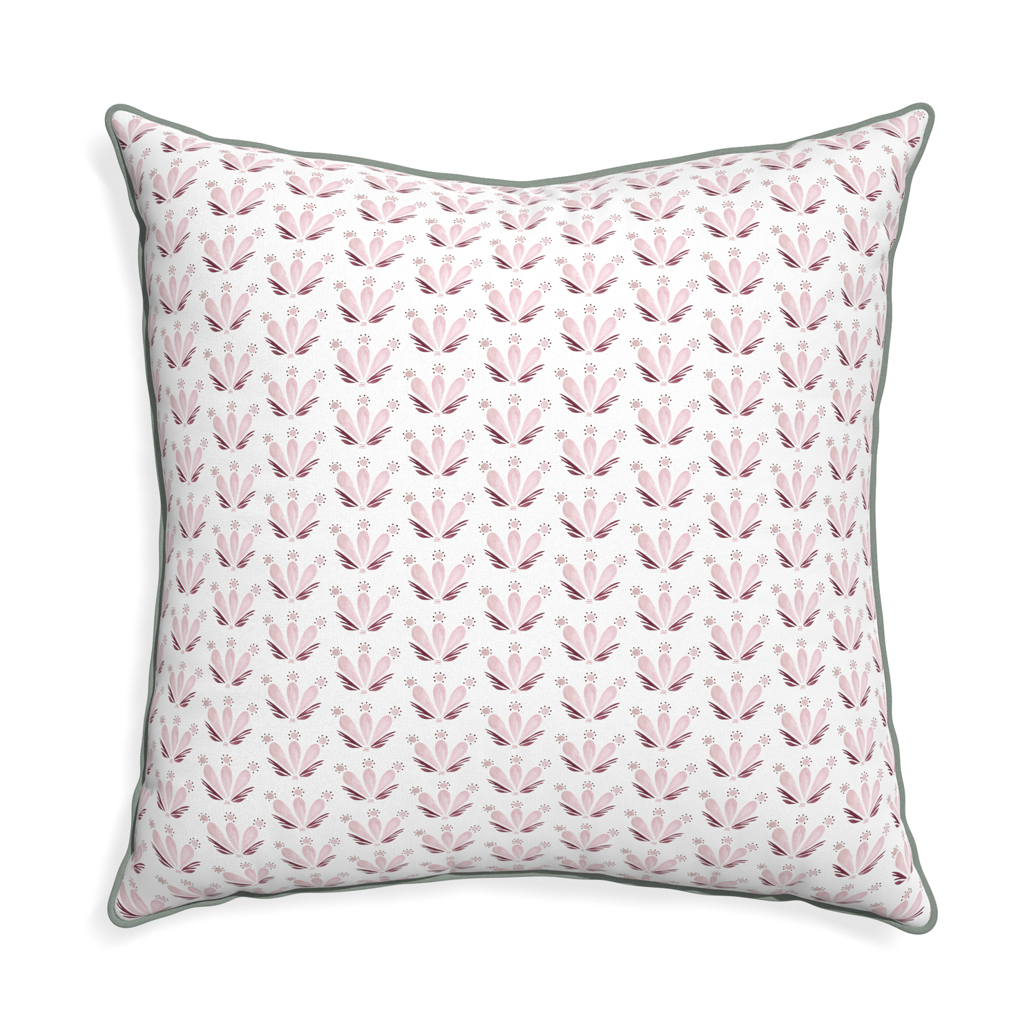 Euro-sham serena pink custom pink & burgundy drop repeat floralpillow with sage piping on white background
