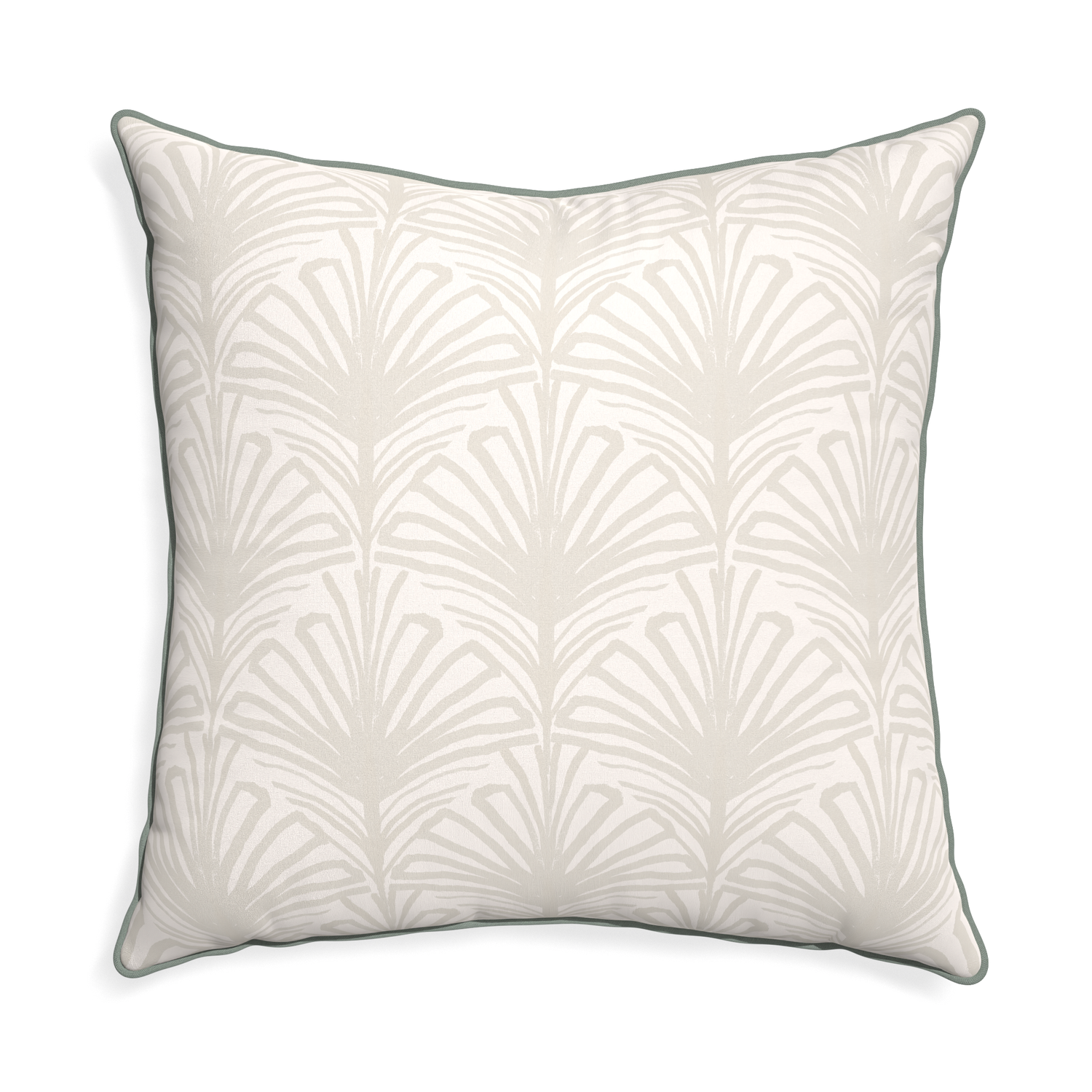 Euro-sham suzy sand custom beige palmpillow with sage piping on white background