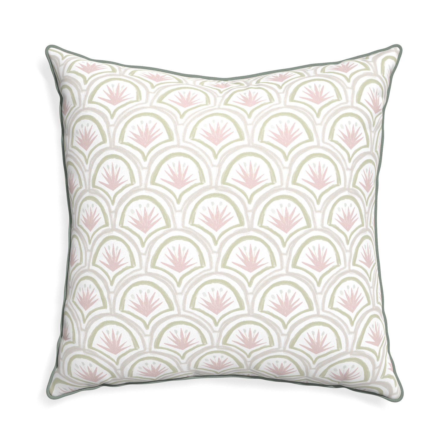 Euro-sham thatcher rose custom pink & green palmpillow with sage piping on white background